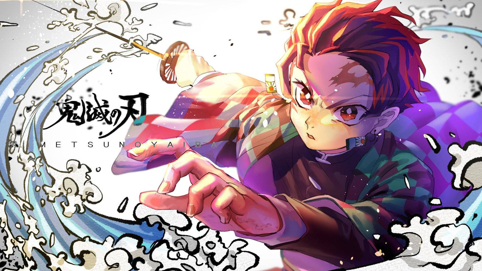 Tanjiro Kamado 桌布 壁紙 — 一位火紅頭髮的動漫戰士以動態姿勢揮劍斬開旋轉的水流，周圍環繞著爆炸性的運動效果。