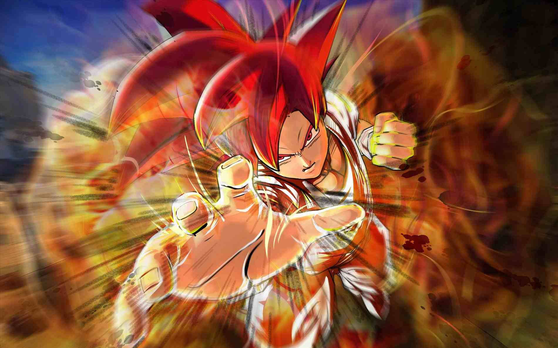 kaioken 桌布 壁紙 — 一位火紅頭髮的動漫戰士以動態姿勢，對著旋轉的橙色和藍色背景釋放出強大的能量爆炸。