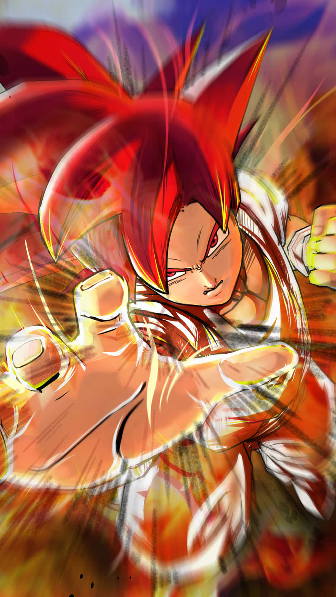 Goku Super Saiyan 4 桌布 壁紙 — 一位火紅頭髮的動漫戰士以動態姿勢散發出強烈能量，發光的拳頭映襯著模糊的爆炸背景。