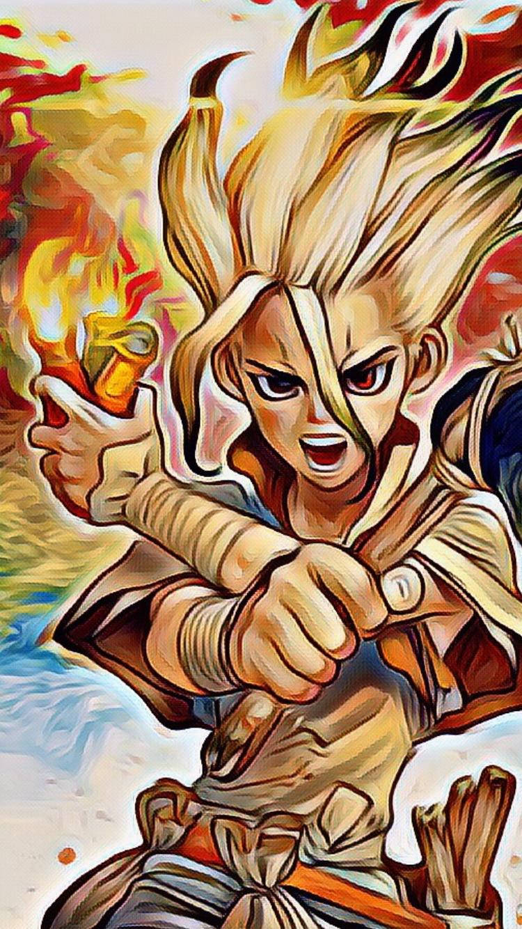 Dr Stone 桌布 壁紙 — 一位火紅頭髮的動漫戰士咆哮著，揮舞著火焰武器，擺出動態戰鬥姿勢。