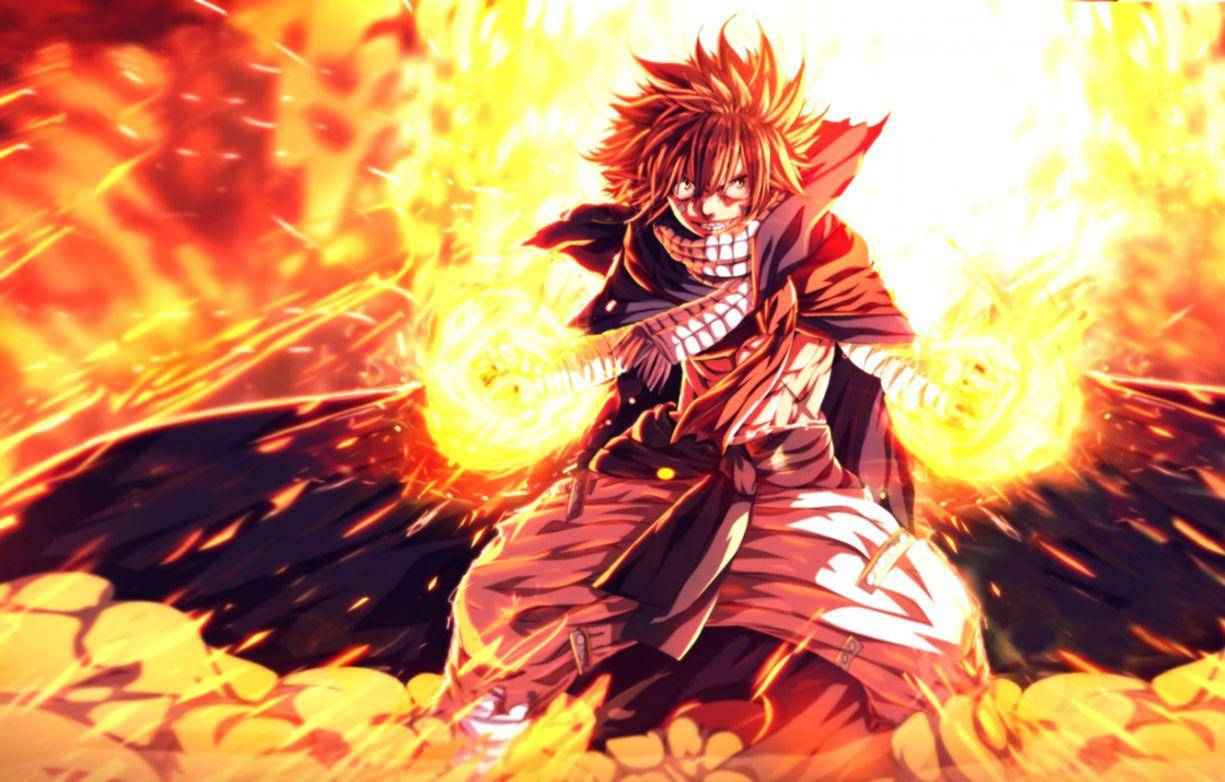 Fire Anime 桌布 壁紙 — 一位火紅頭髮的動漫戰士咆哮著，發光的拳頭被爆炸性的火焰和破碎的地面包圍。