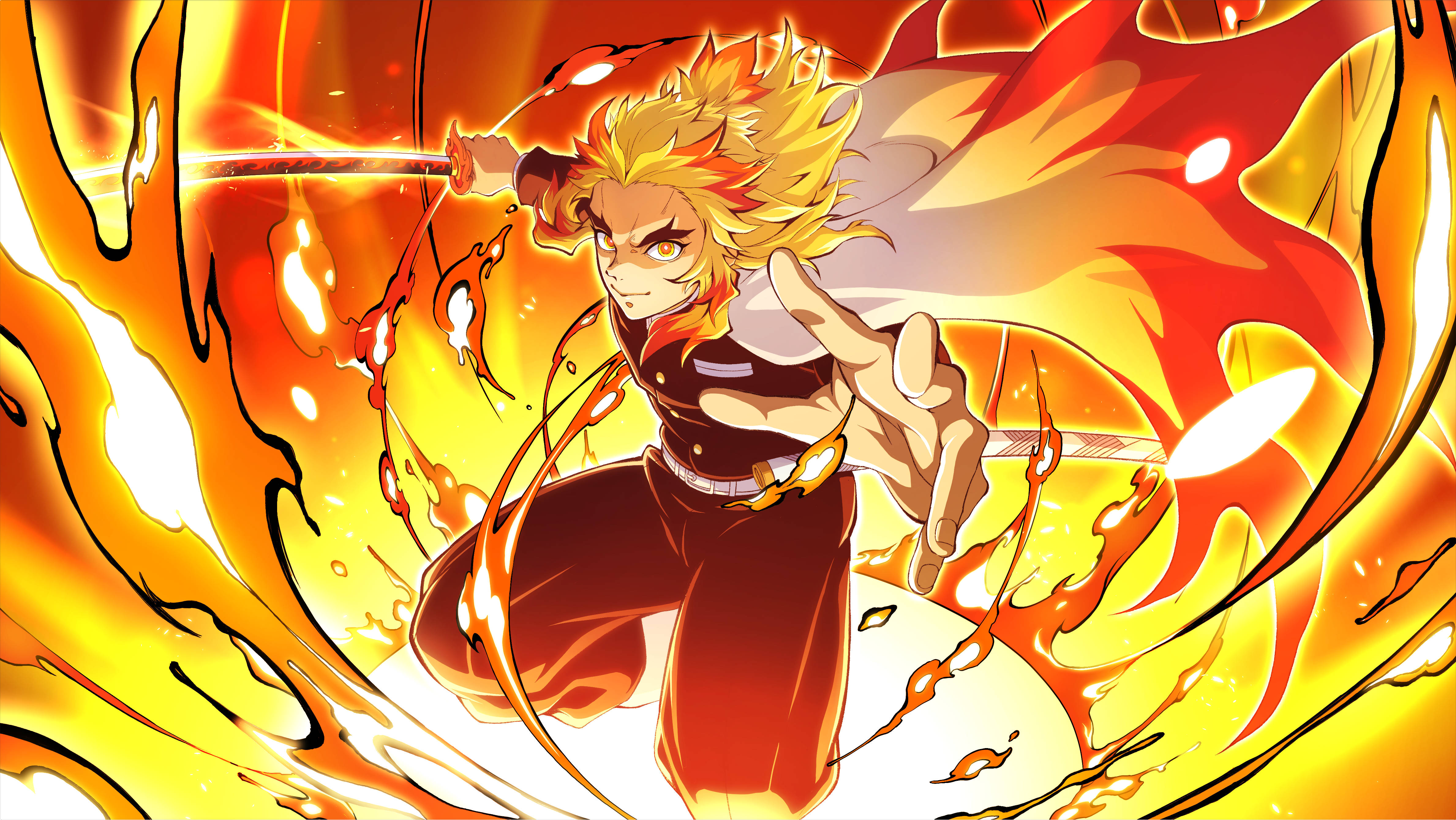 Kyojuro Rengoku 桌布 壁紙 — 一位火紅頭髮的動漫戰士在動態戰鬥姿勢中揮劍穿過旋轉的火焰。