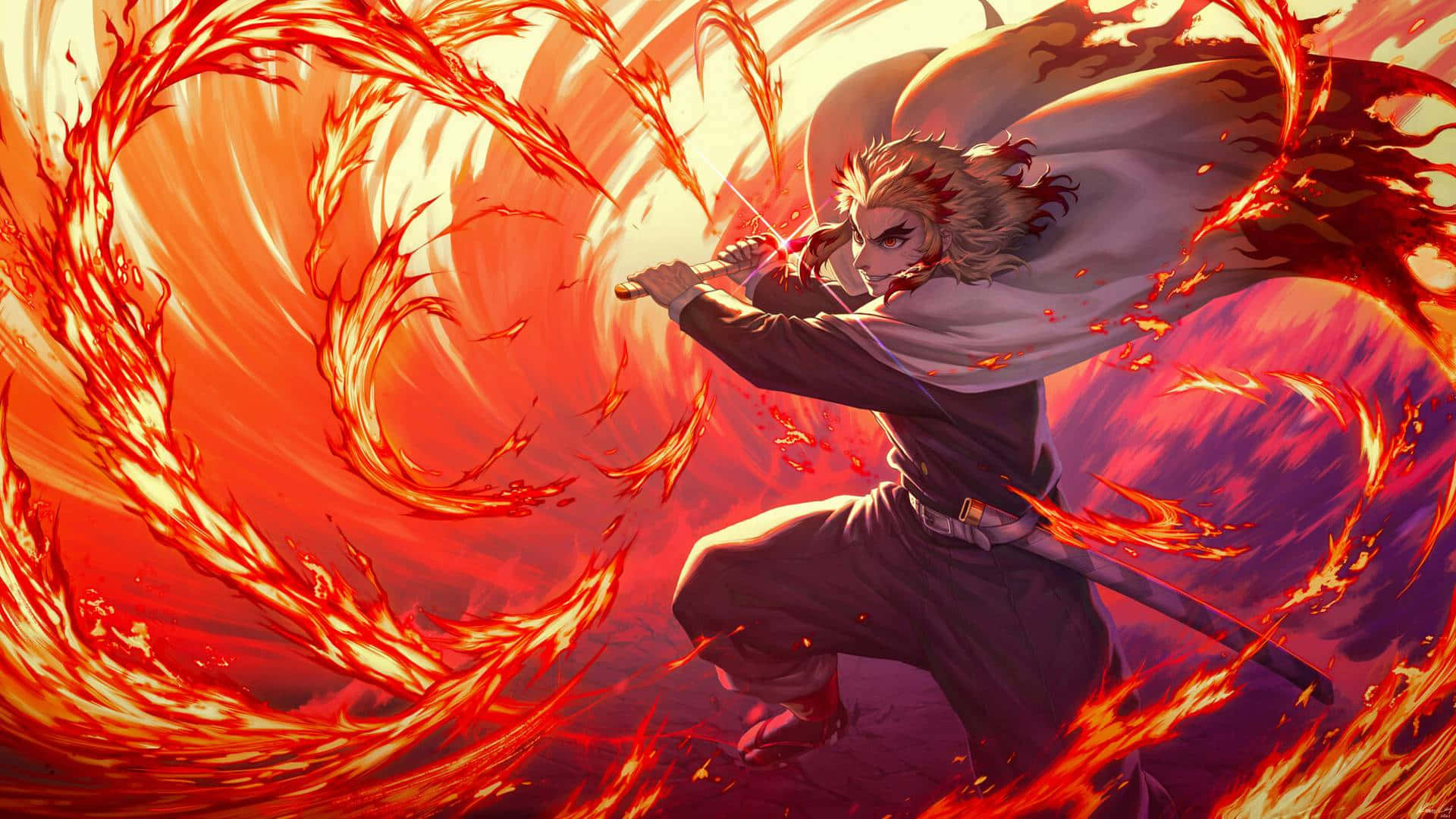 Demon Slayer Season 2 桌布 壁紙 — 一位火紅頭髮的動漫戰士在動態戰鬥姿勢中劈開旋轉的紅色火焰。