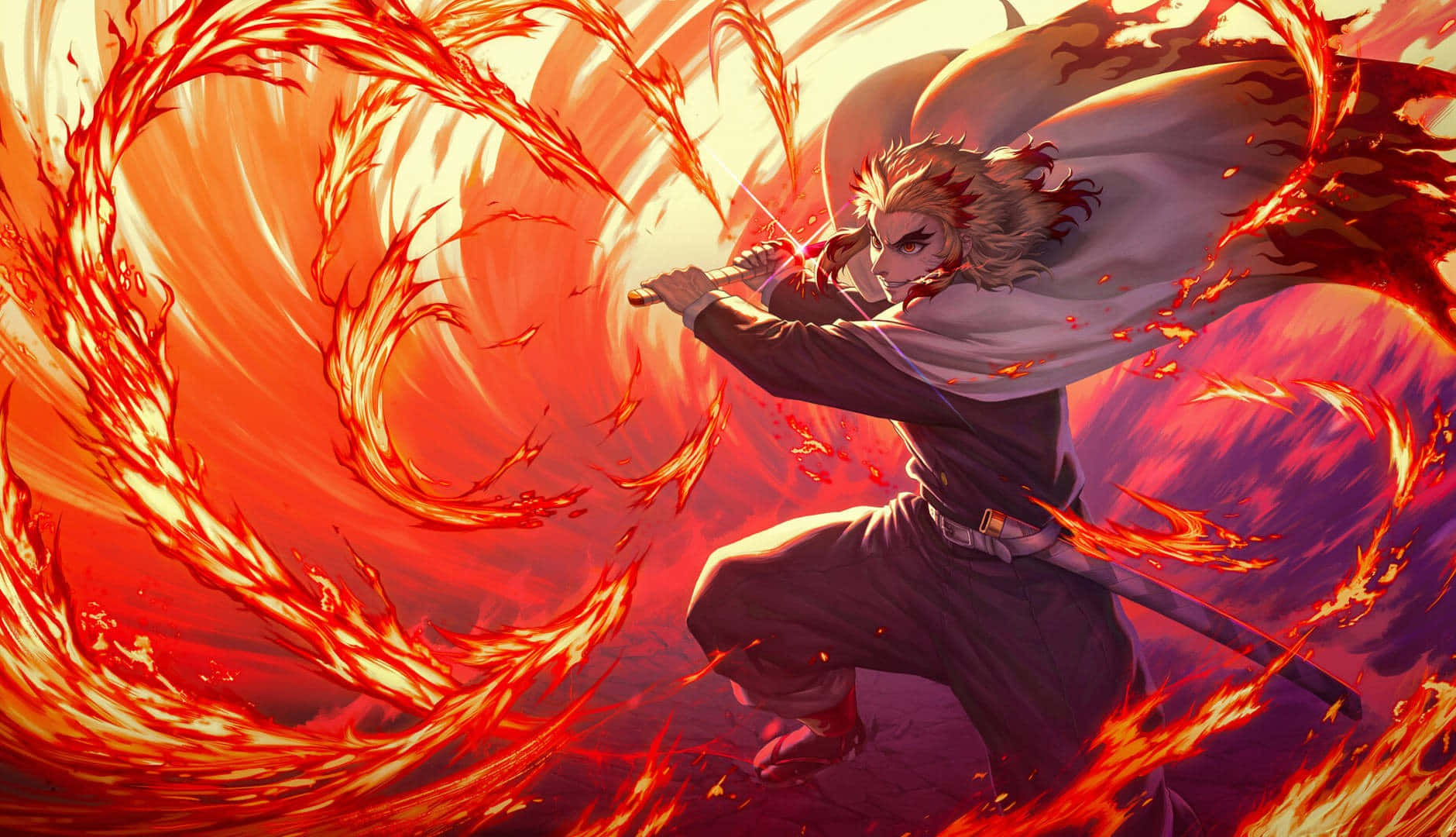 Rengoku Sword 桌布 壁紙 — 一位火紅頭髮的動漫戰士在動態戰鬥姿勢中劈開旋轉的紅色火焰。