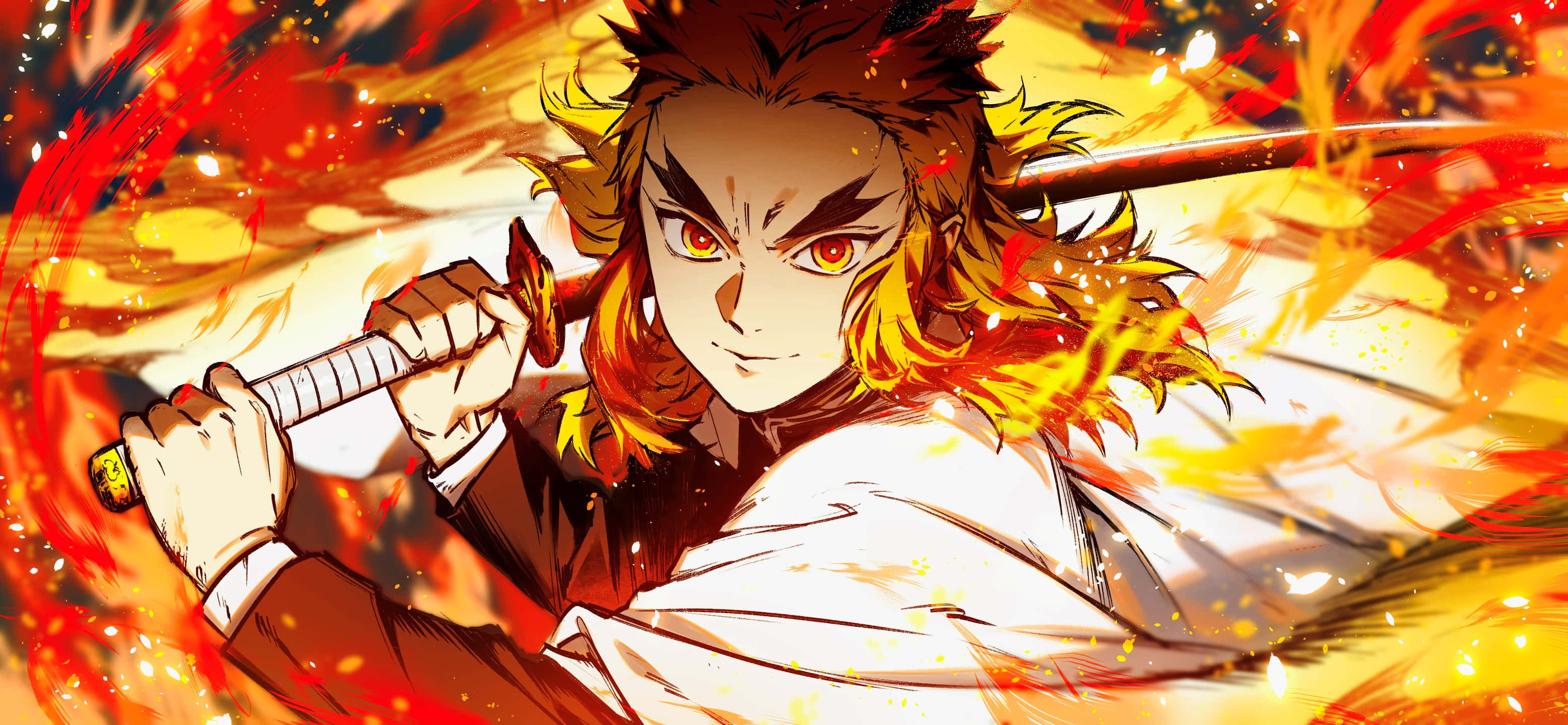 Rengoku Sword 桌布 壁紙 — 一位火紅頭髮的動漫戰士在旋轉的火焰和火花中握劍，擺出動態戰鬥姿勢。