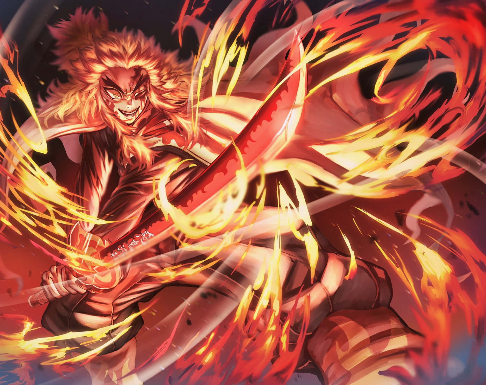 Rengoku Sword 桌布 壁紙 — 一位火紅頭髮的動漫戰士在旋轉的火焰中揮舞著燃燒的劍，擺出動態的戰鬥姿勢。
