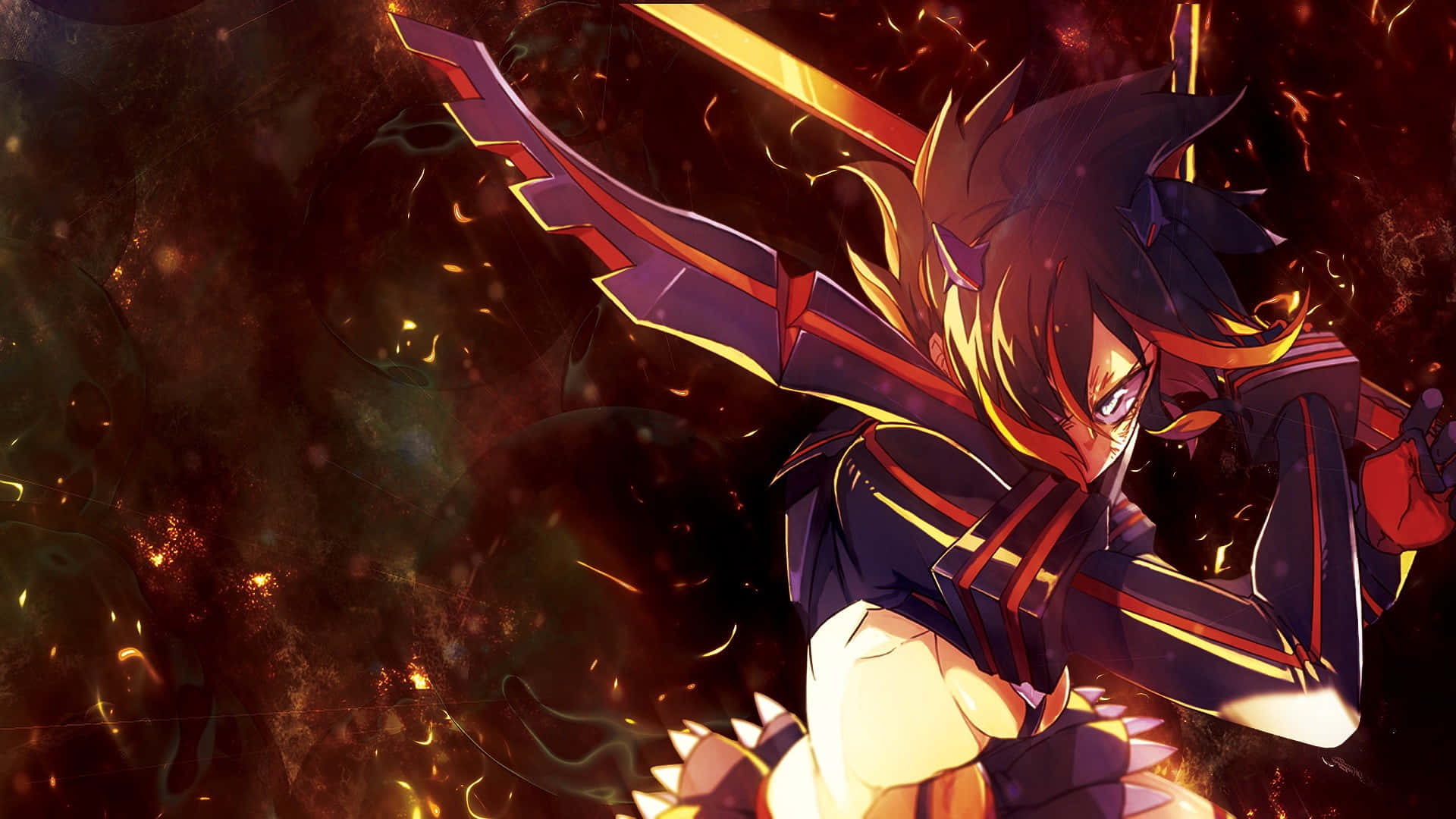 Kill La Kill 桌布 壁紙 — 一位火紅頭髮的動漫戰士在旋轉的餘燼和黑煙中揮舞著發光的劍，呈現出戲劇性的戰鬥場景。