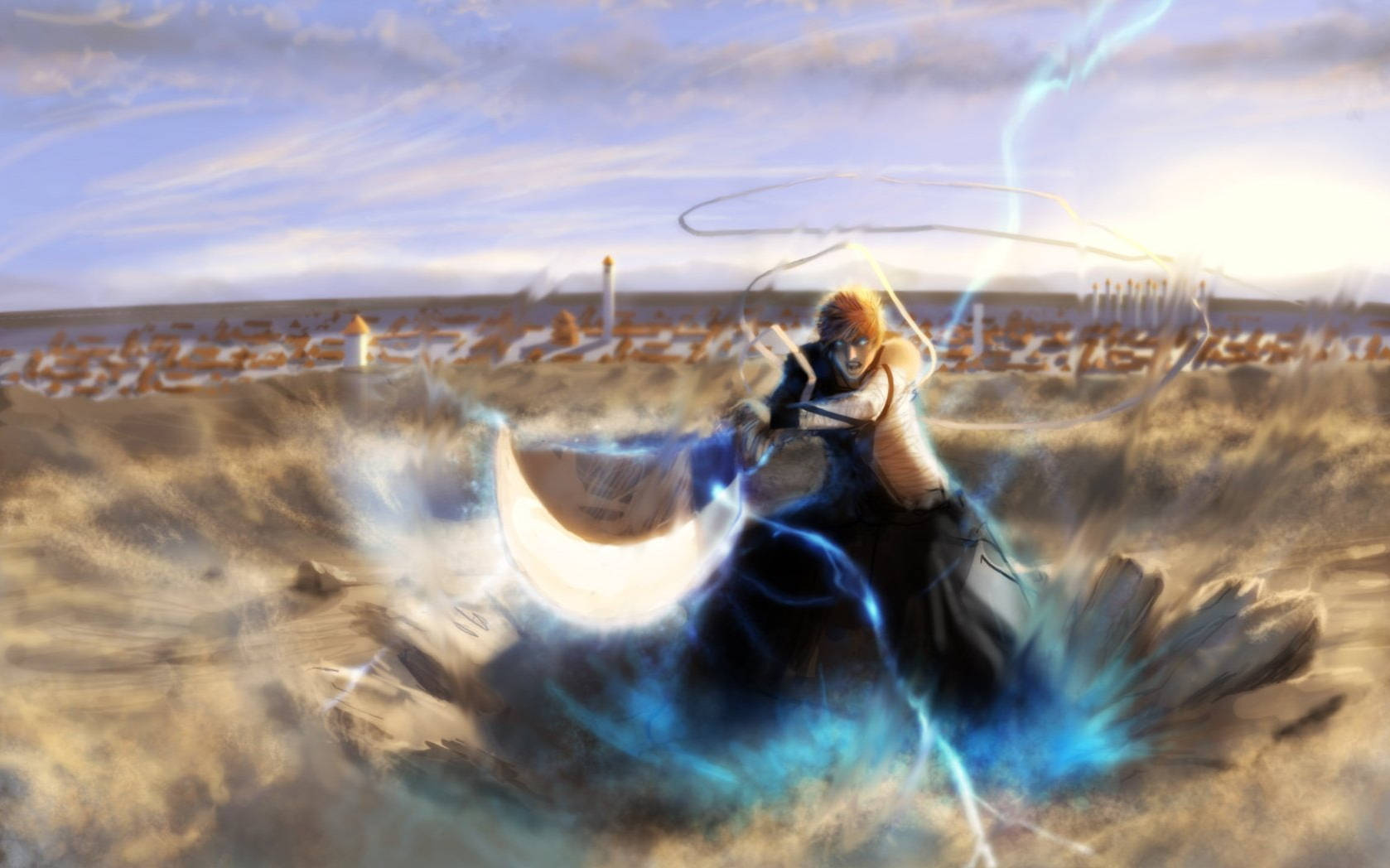 Bankai 桌布 壁紙 — 一位火紅頭髮的動漫戰士在陰天下的沙漠戰場上用發光的藍色劍劈開沙子。