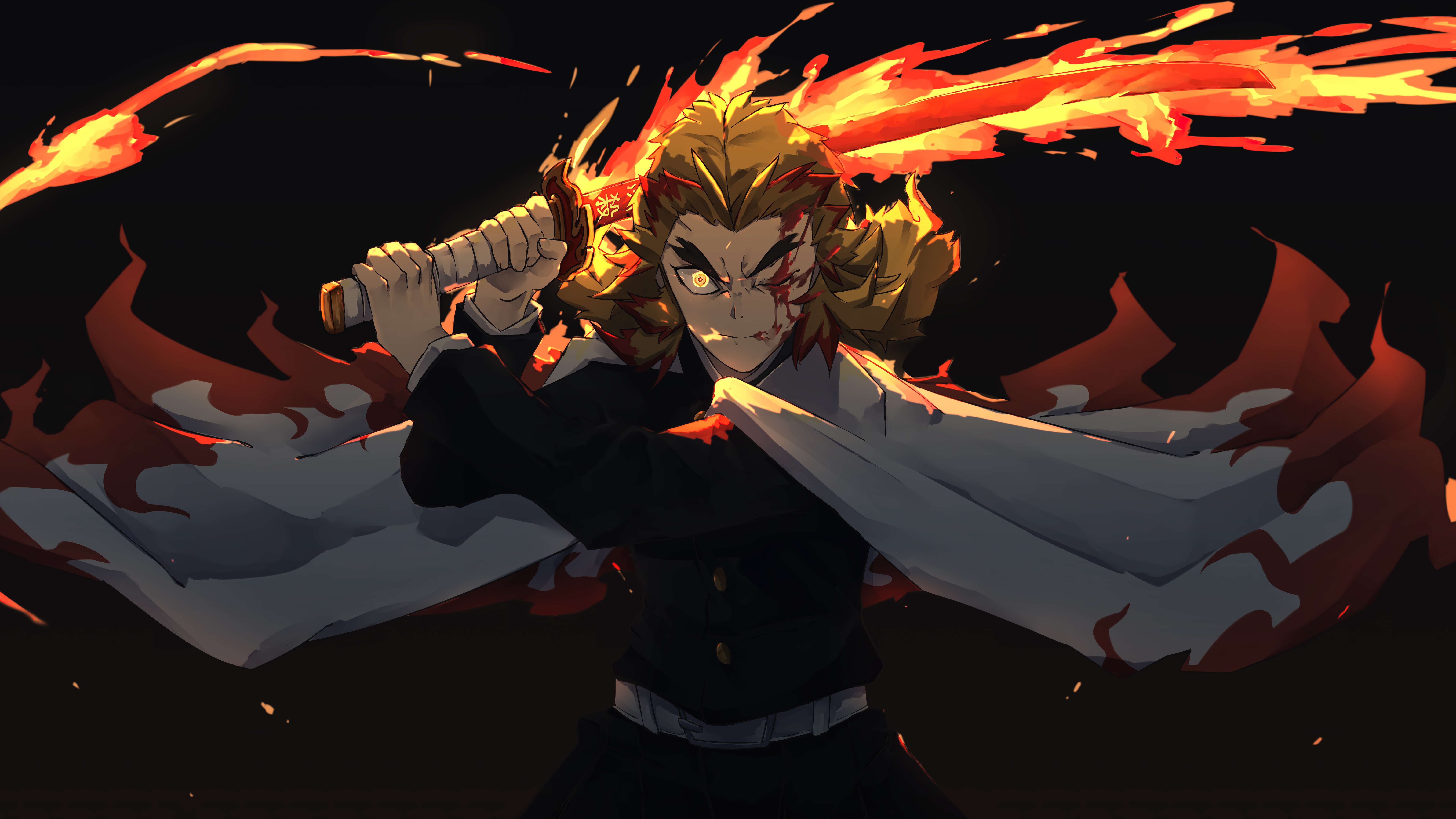 Best Anime 桌布 壁紙 — 一位火紅頭髮的動漫戰士在黑暗背景下揮舞著劍，火焰從他的身體中迸發出來。
