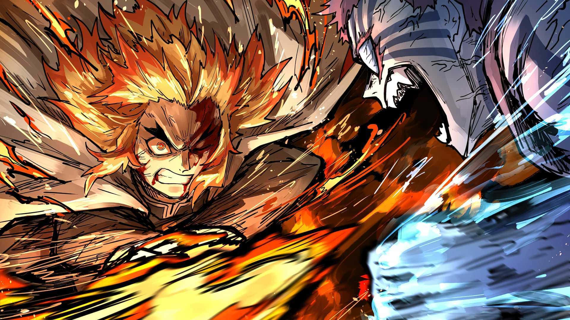Demon Slayer Fight 桌布 壁紙 — 一位火紅頭髮的動漫戰士帶著強烈的表情向前衝刺，藍色能量斬擊劃破空氣，構成動態的戰鬥場景。