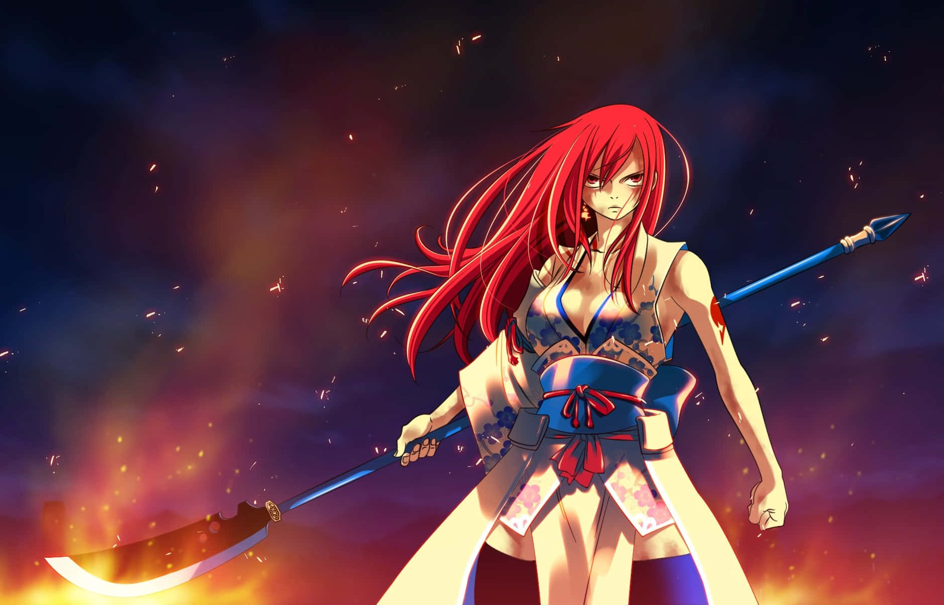 Anime All Characters HD 桌布 壁紙 — 一位火紅頭髮的動漫戰士手持發光劍，站在煙霧瀰漫的黃昏天空下。