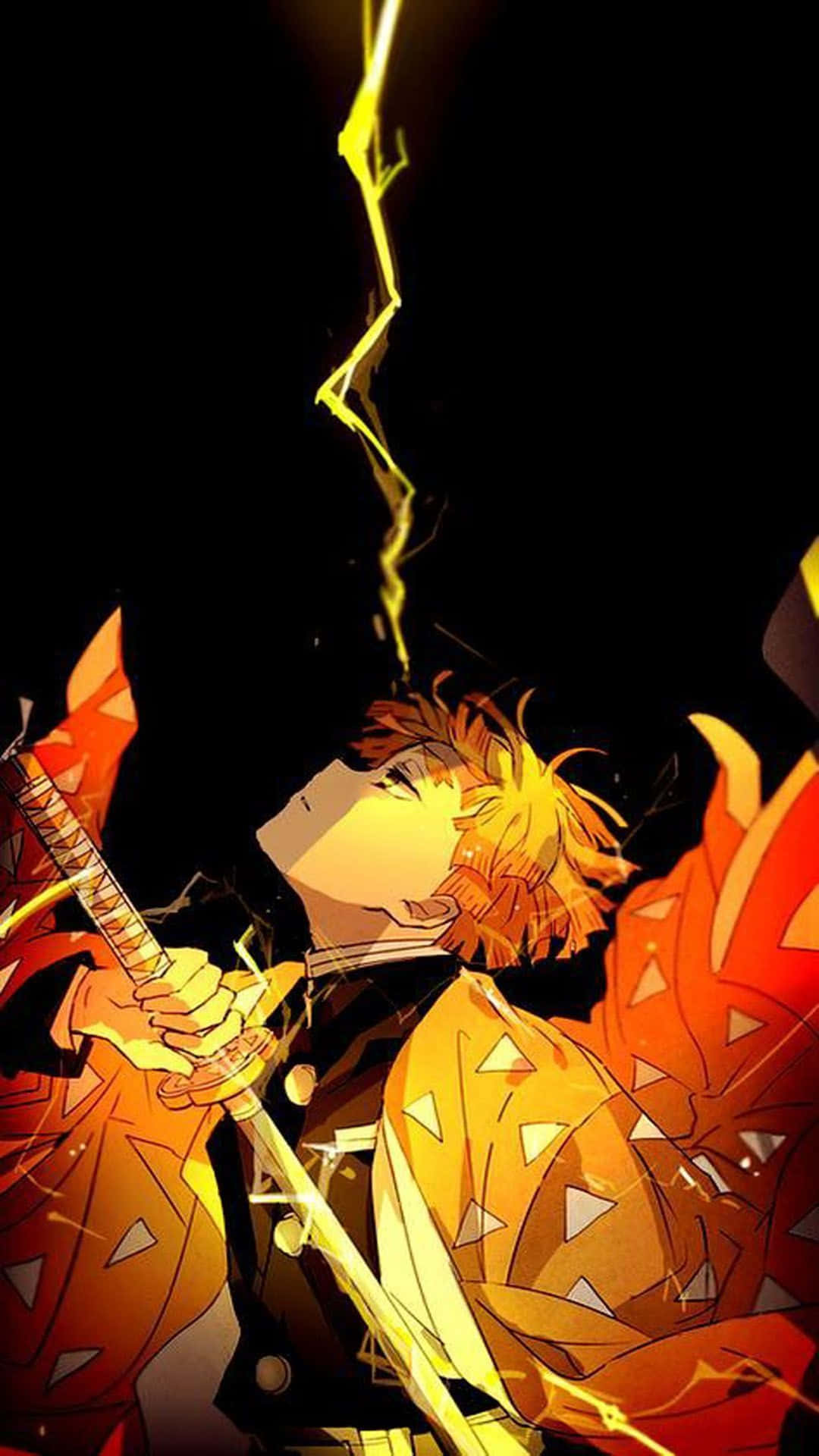  壁紙 — 一位火紅頭髮的動漫戰士握著一把發光的劍，閃電在上方劈啪作響，映襯著黑暗的虛空。