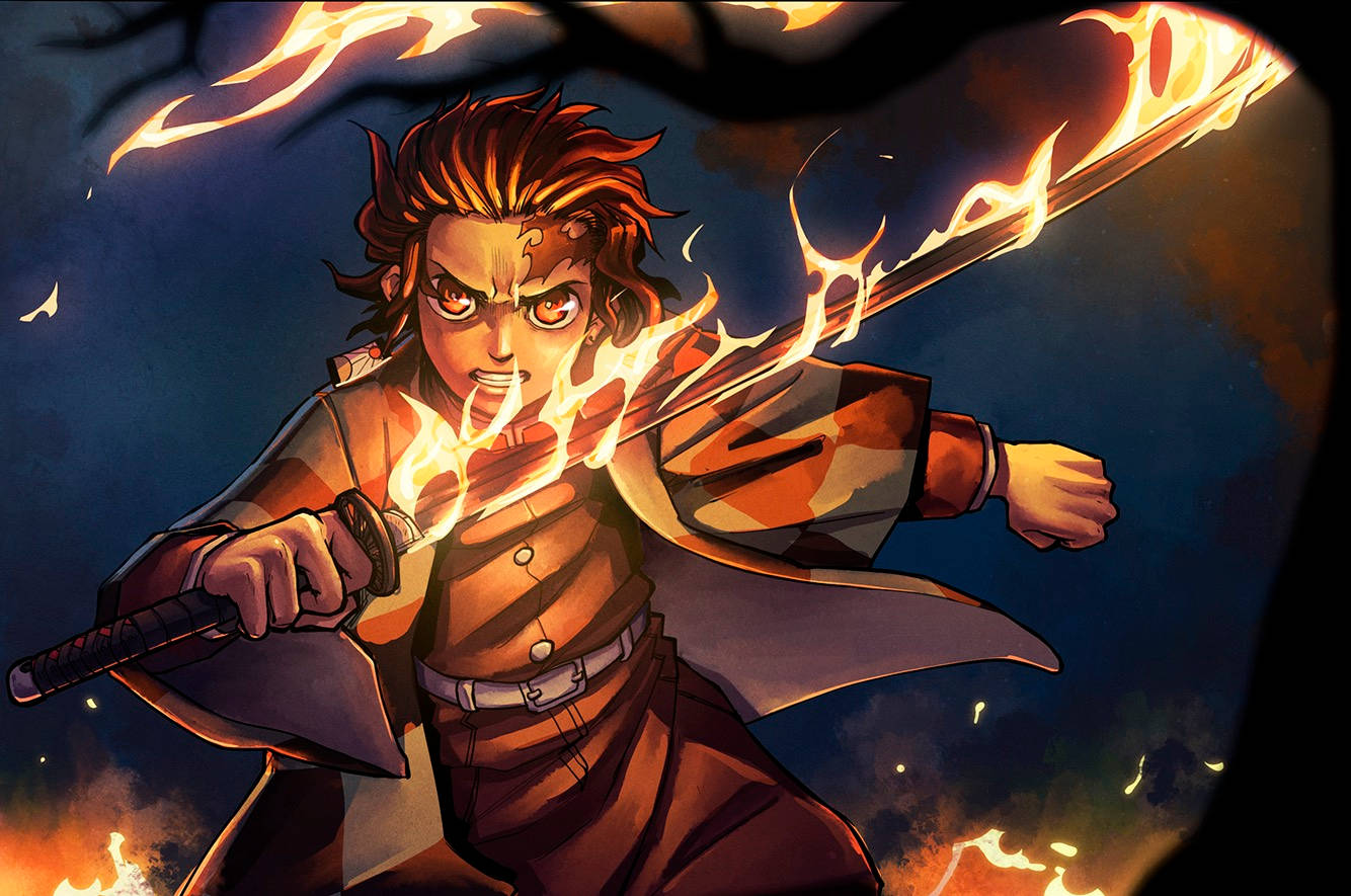 Kagura 桌布 壁紙 — 一位火紅頭髮的動漫戰士揮舞著火焰劍，背景是光禿禿的樹枝框住的黑暗夜空。