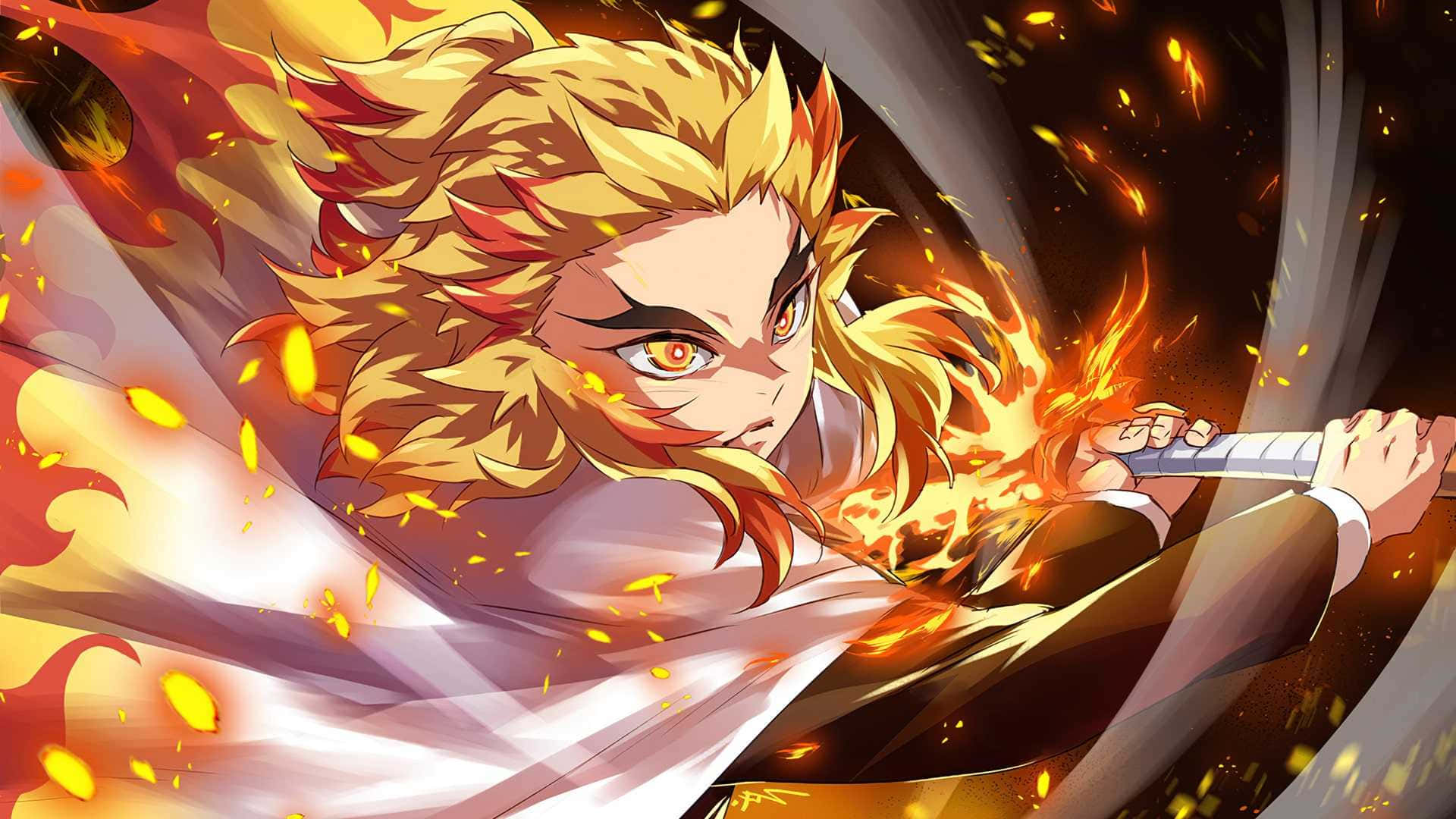 火紅頭髮的動漫戰士被發光的火花包圍，揮劍攻擊。 — Fire Emblem Warriors 壁紙