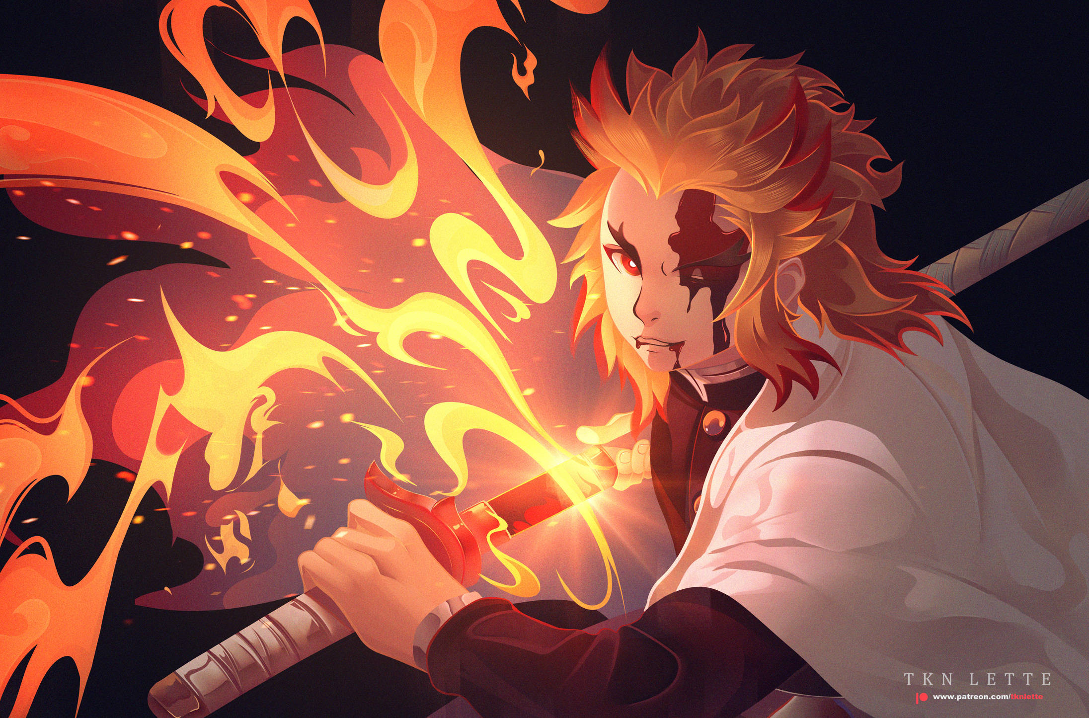 Kyojuro Rengoku 桌布 壁紙 — 一位火紅頭髮的動漫戰士揮舞著發光的劍，背後有鮮豔的橙色火焰在黑暗背景下翻騰。