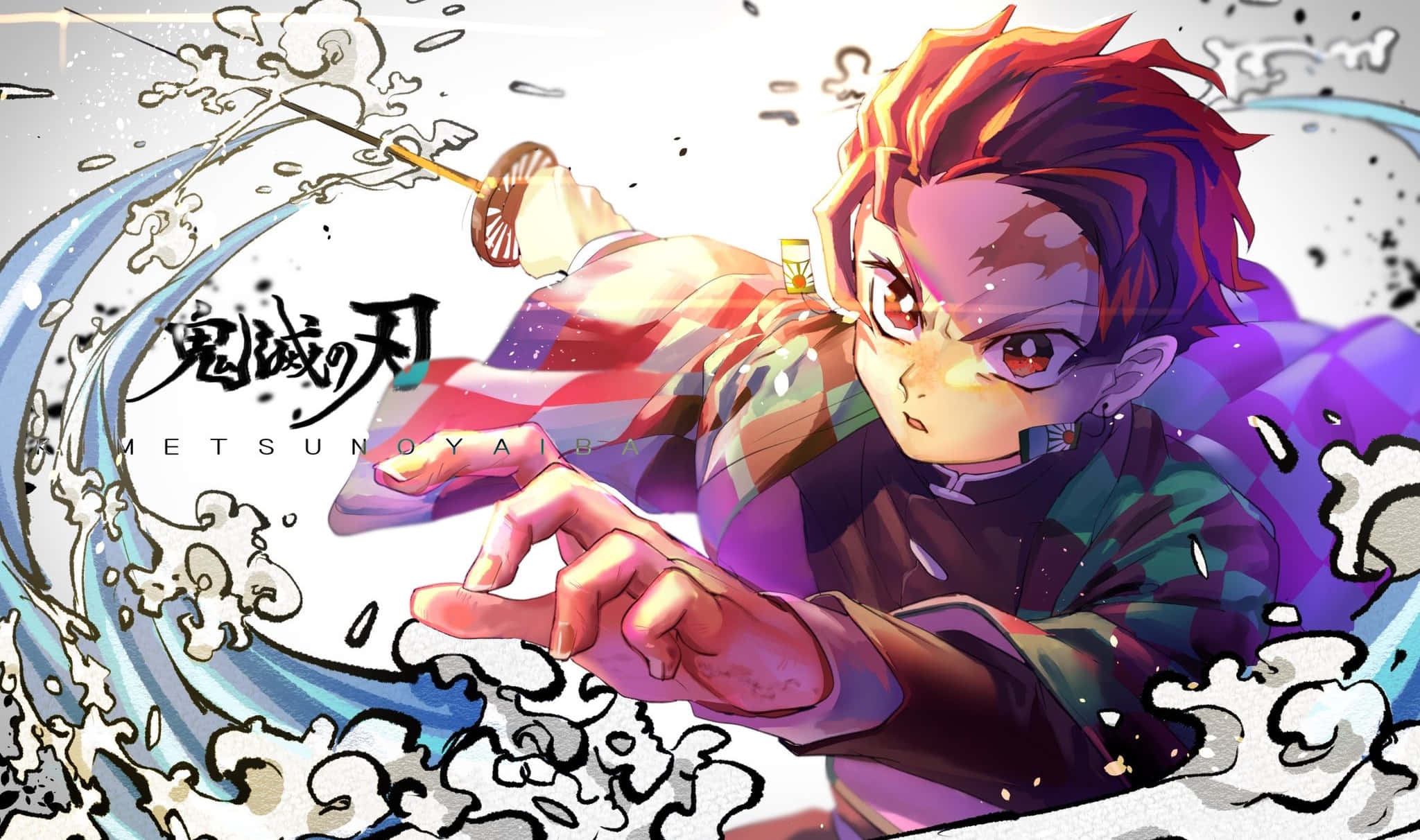 炭治郎 桌布 壁紙 — 一位火紅頭髮的動漫戰士穿著格子和服，用劍劈開旋轉的水流，動態十足，色彩鮮豔。