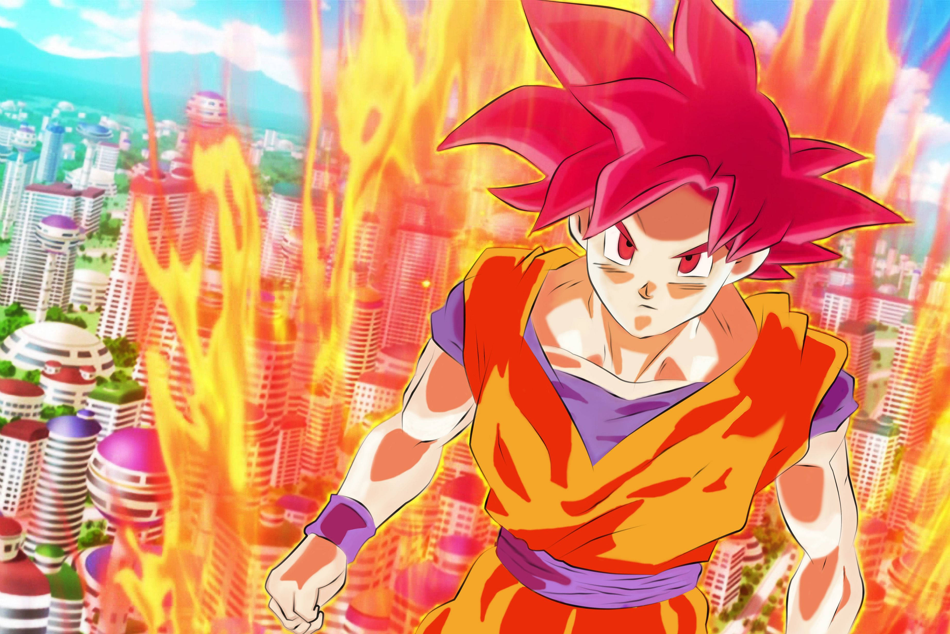 kaioken 桌布 壁紙 — 一位火紅頭髮的動漫戰士穿著橙色道服，在火焰吞噬摩天大樓的燃燒城市景觀中強勢站立。