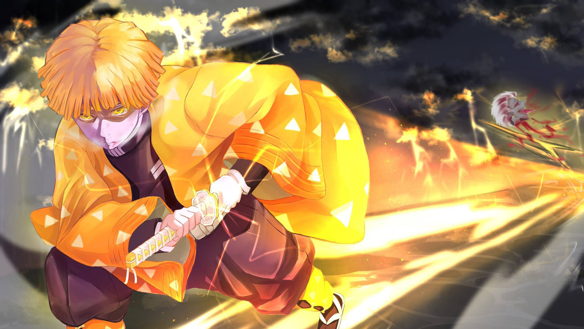 Demon Slayer Zenitsu 桌布 壁紙 — 一位火紅頭髮的動漫戰士穿著黃色和服，在黑暗暴風雨的天空下揮舞著發光的劍。