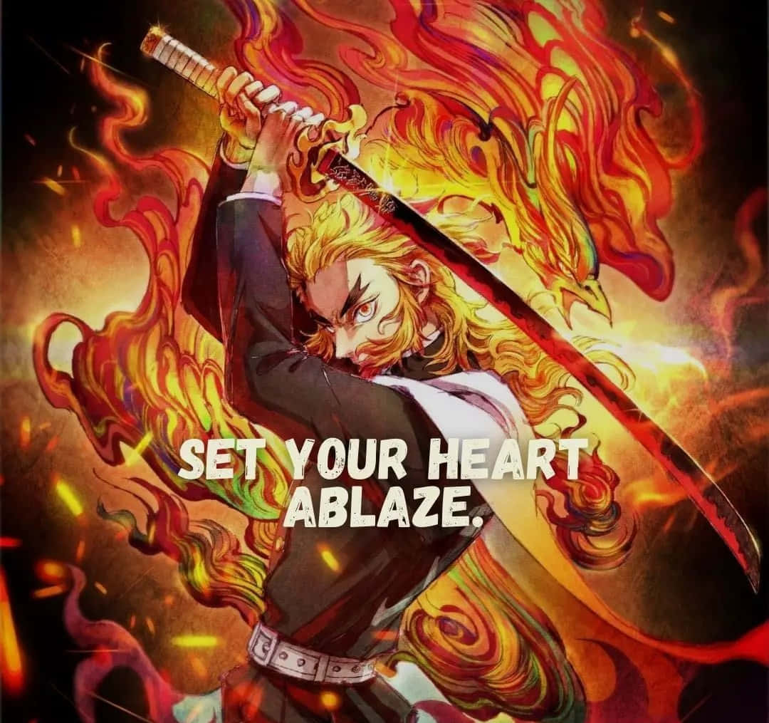 Rengoku Quotes 桌布 壁紙 — 一位火紅頭髮的動漫戰士舉起一把燃燒的劍，對抗橙色和紅色的火焰。