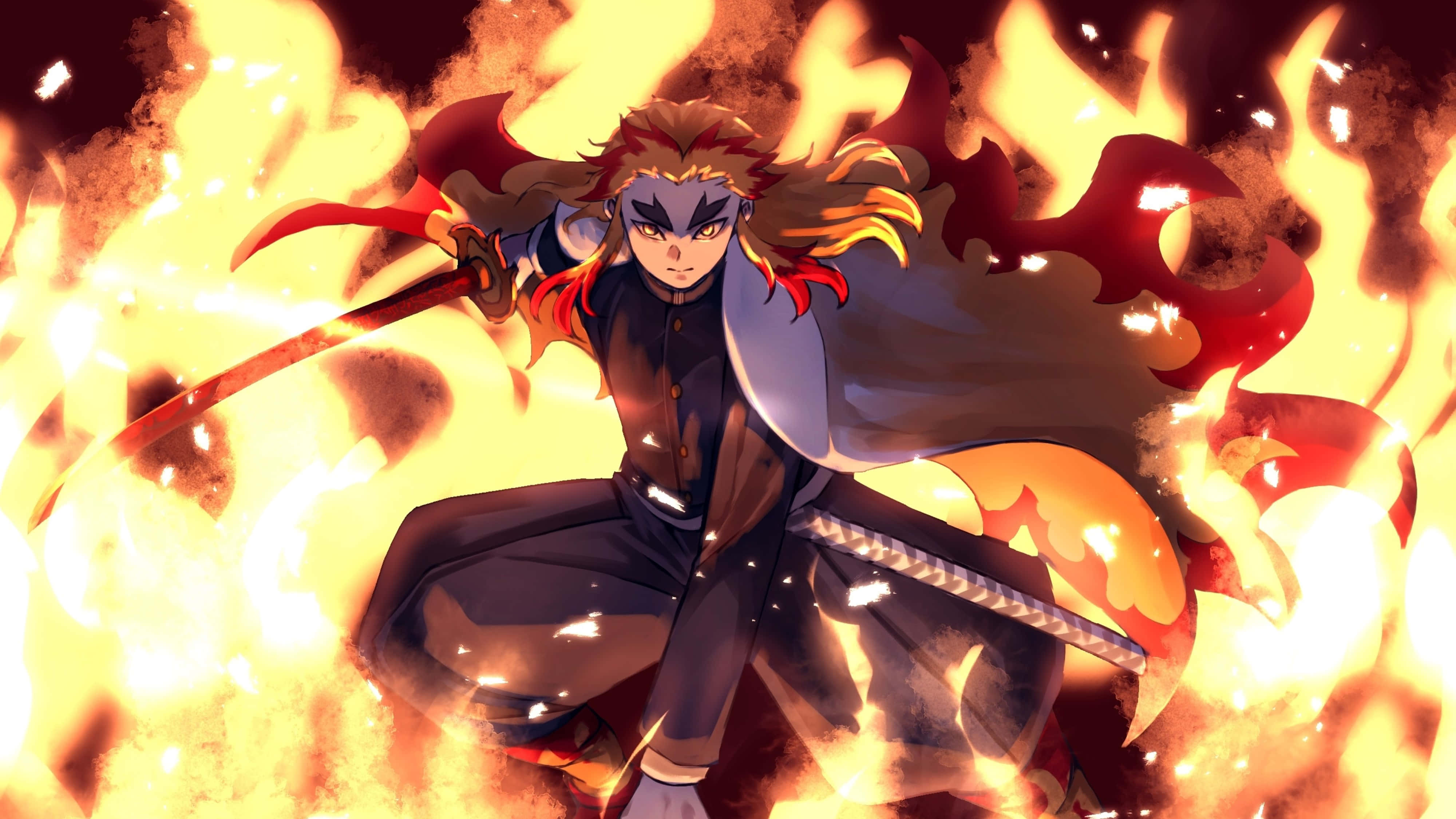 Demon Slayer Zenitsu 4K 桌布 壁紙 — 一位火紅頭髮的動漫戰士跪在橙色火焰中，專注地揮舞著劍。