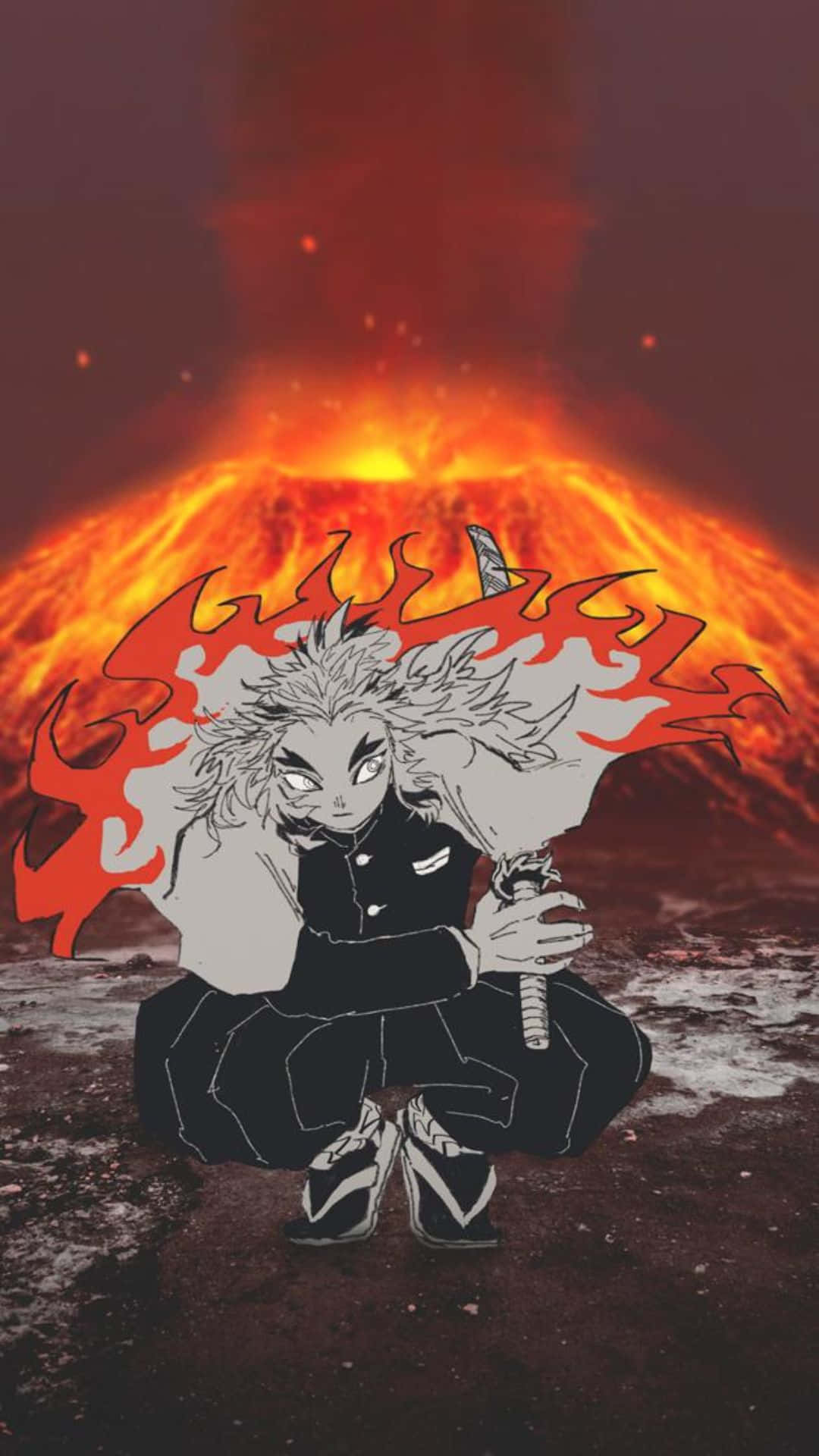 Rengoku Aesthetic 桌布 壁紙 — 一位火紅頭髮的動漫戰士跪在熾熱的火山前，背景是發光的紅色熔岩和灰燼。