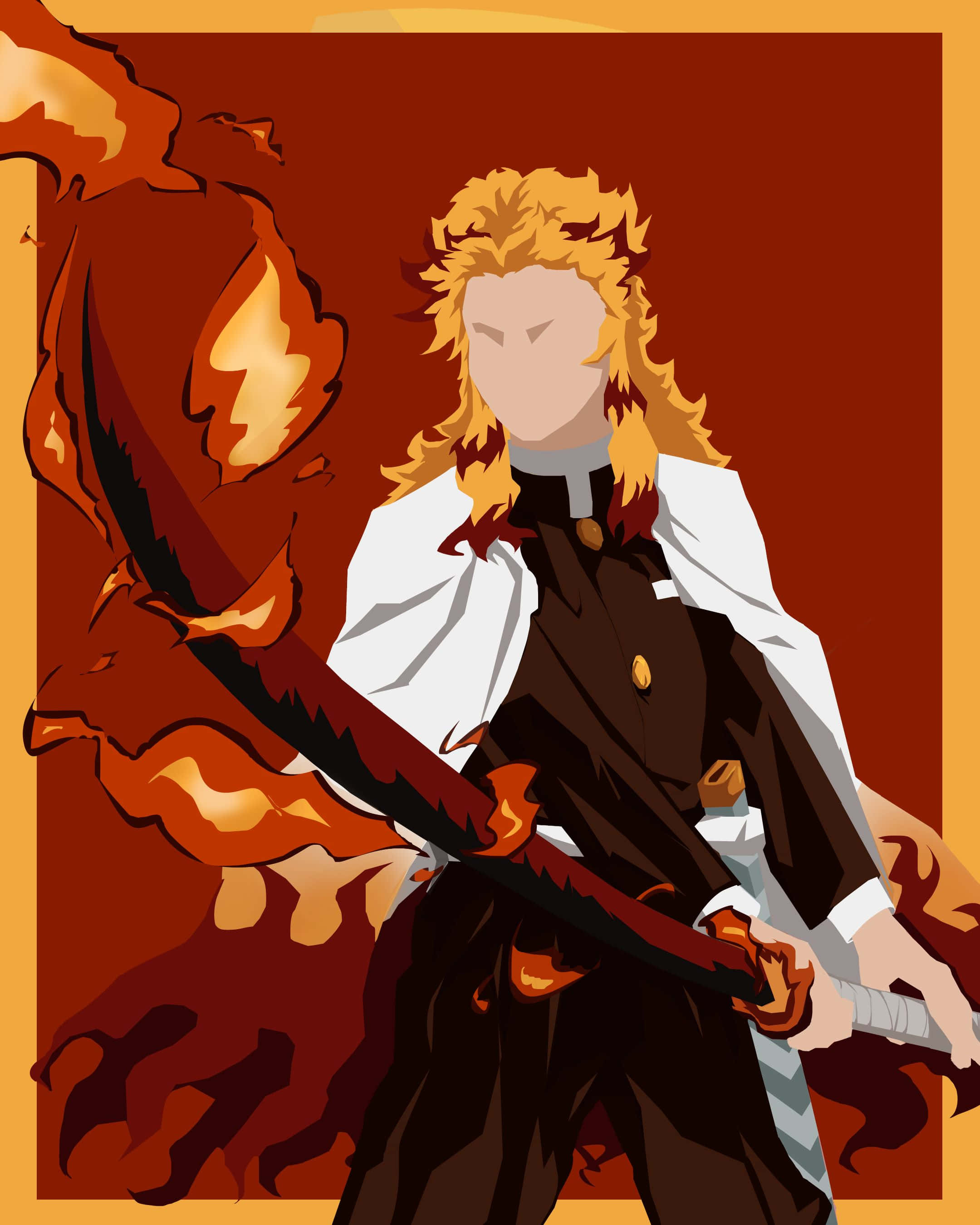 Rengoku Minimalist 桌布 壁紙 — 一位火紅頭髮的動漫戰士身穿深色制服，在鮮明的紅橙色背景下揮舞著火焰劍。
