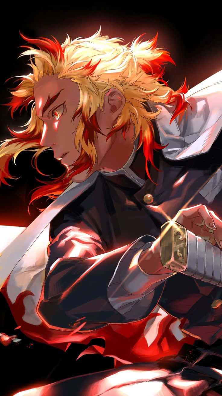 Demon Slayer Manga 桌布 壁紙 — 一位火紅頭髮的動漫戰士身穿深色制服，在黑色背景與強烈紅光下握著一把發光的劍。
