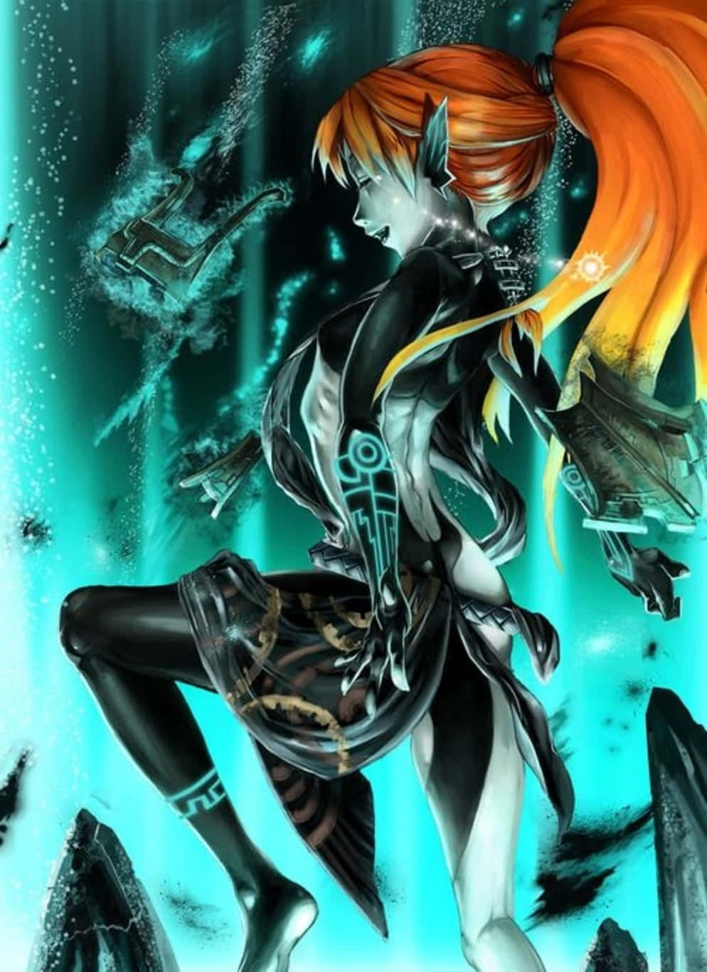 The Legend Of Zelda Midna 桌布 壁紙 — 一位火紅頭髮的動漫戰士身穿黑色盔甲，在發光的藍綠色水流和漂浮的碎片中潛伏於水下。