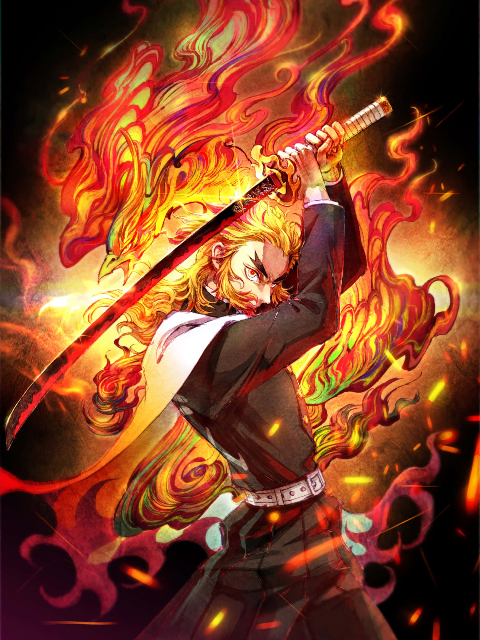 Rengoku Sword 桌布 壁紙 — 一位火紅頭髮的動漫戰士身穿黑色盔甲，在黑暗背景中舉起發光的劍，火焰在他周圍旋轉。