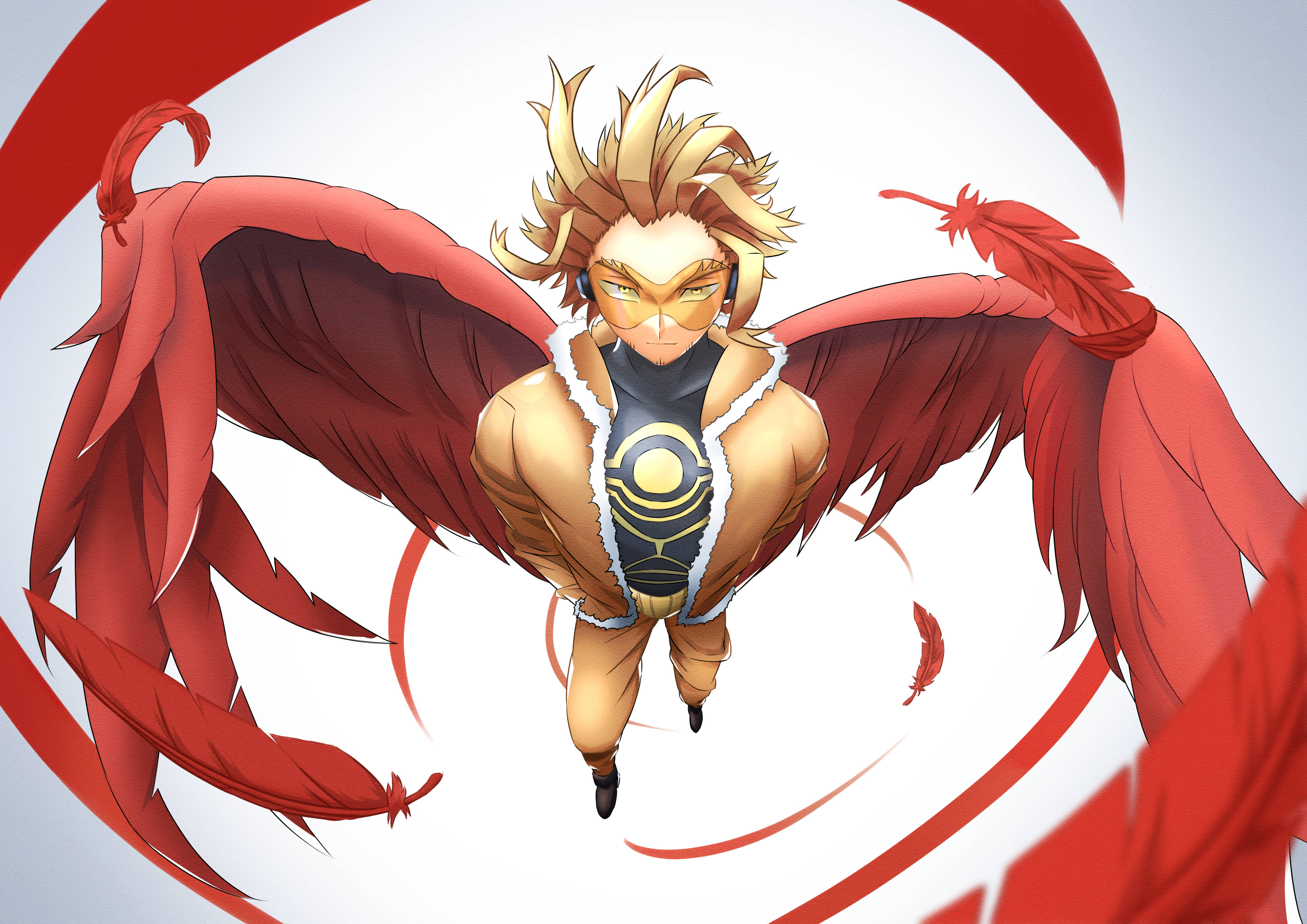 Hawks My Hero Academia 桌布 壁紙 — 一位火紅頭髮的動漫英雄，展開紅色羽毛翅膀，在旋轉的紅白背景上動態翱翔。