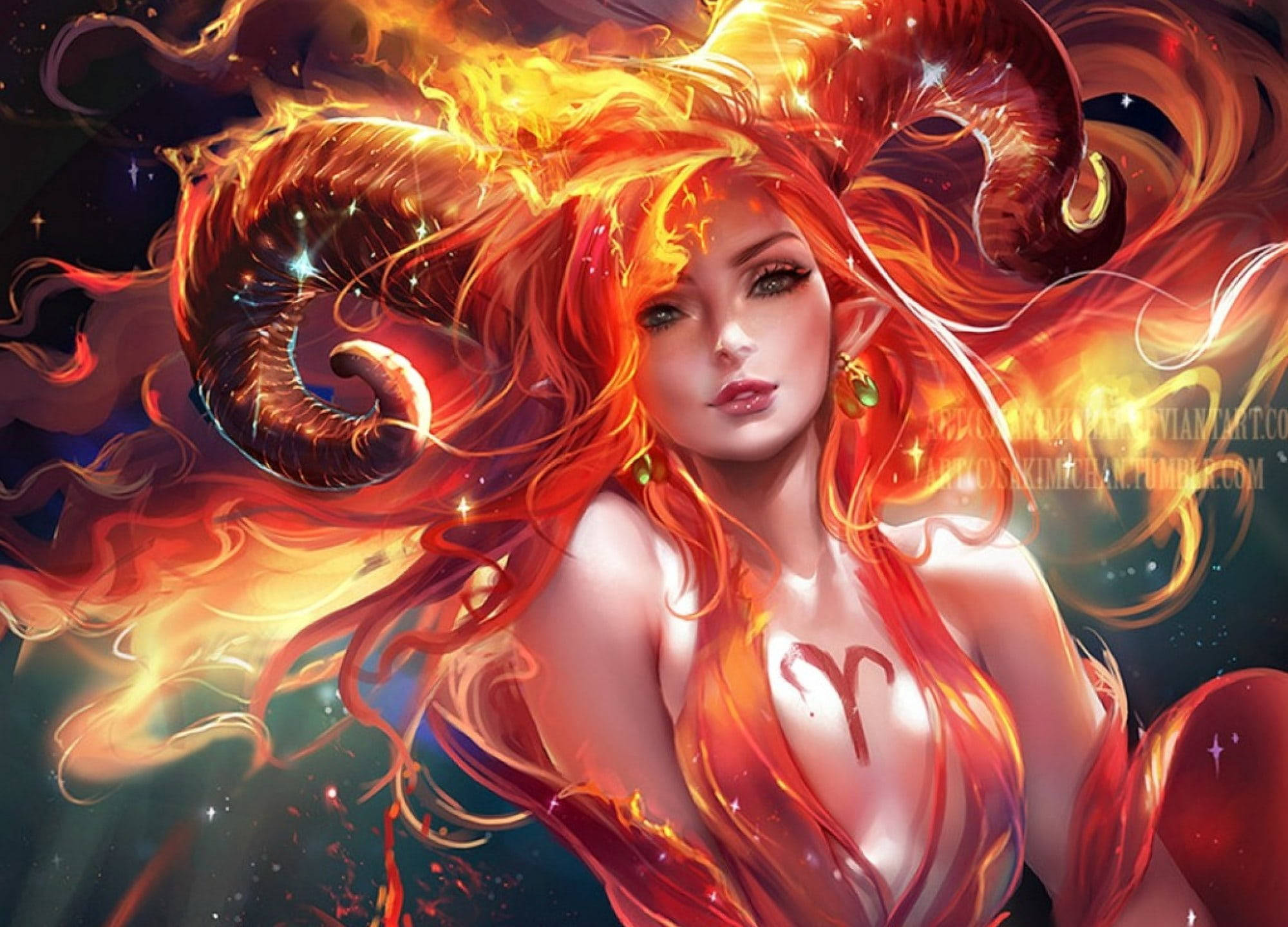 牡羊座美學 桌布 壁紙 — 一位火紅頭髮的女子，頭上有公羊角及星座符號，在宇宙星空背景下發光。