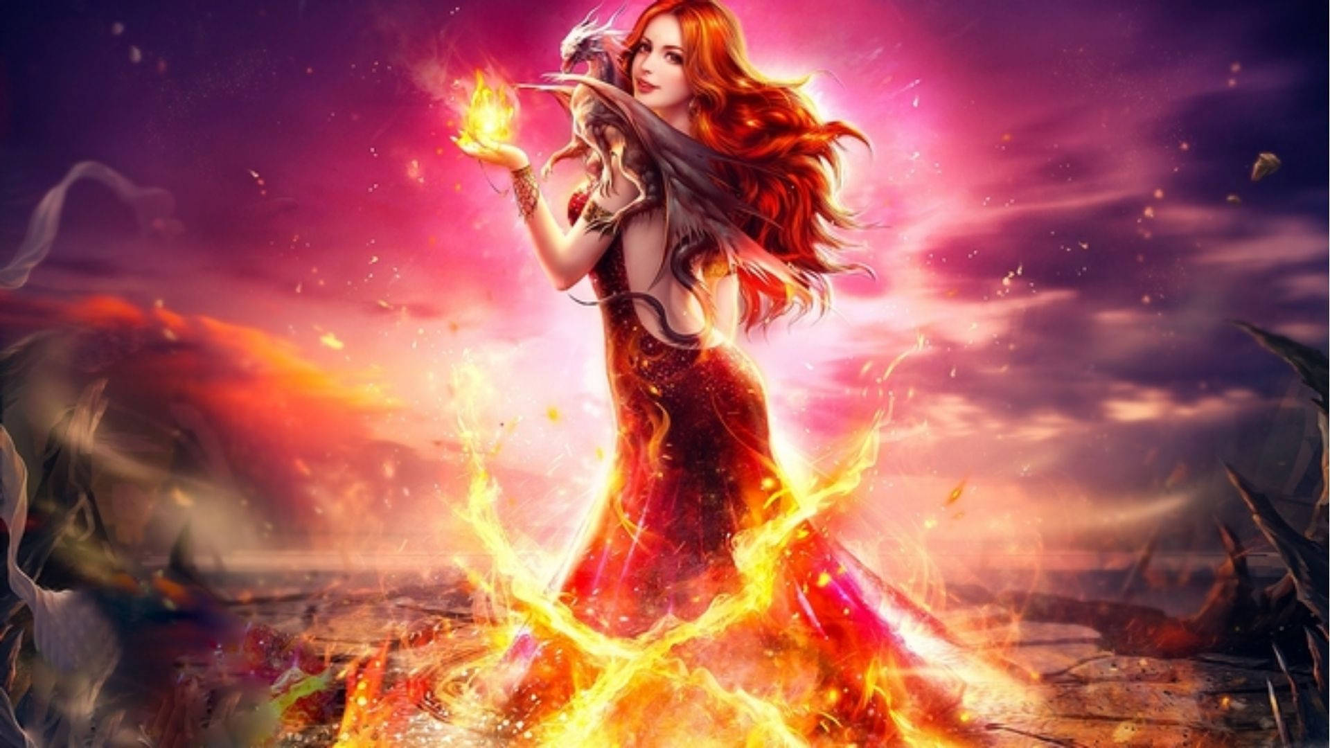 Fire Girl 桌布 壁紙 — 一位火紅頭髮的女子穿著發光的紅色連衣裙，在戲劇性的紫色和橙色天空背景下，召喚火焰，同時一條龍棲息在她的肩膀上。