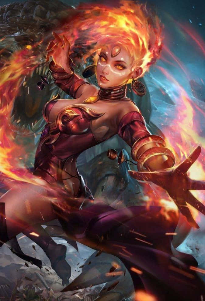 Hero 桌布 壁紙 — 一位火紅頭髮的女戰士身穿華麗盔甲，在動態戰鬥場景中引導爆炸性火焰對抗一個巨大的陰影怪物。
