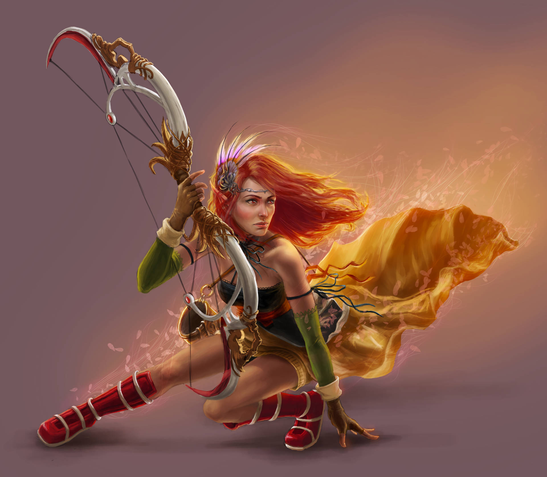 Archery 桌布 壁紙 — 一位火紅頭髮的弓箭手身穿華麗裝備，蹲伏著準備向溫暖漸變背景射出她發光的弓。