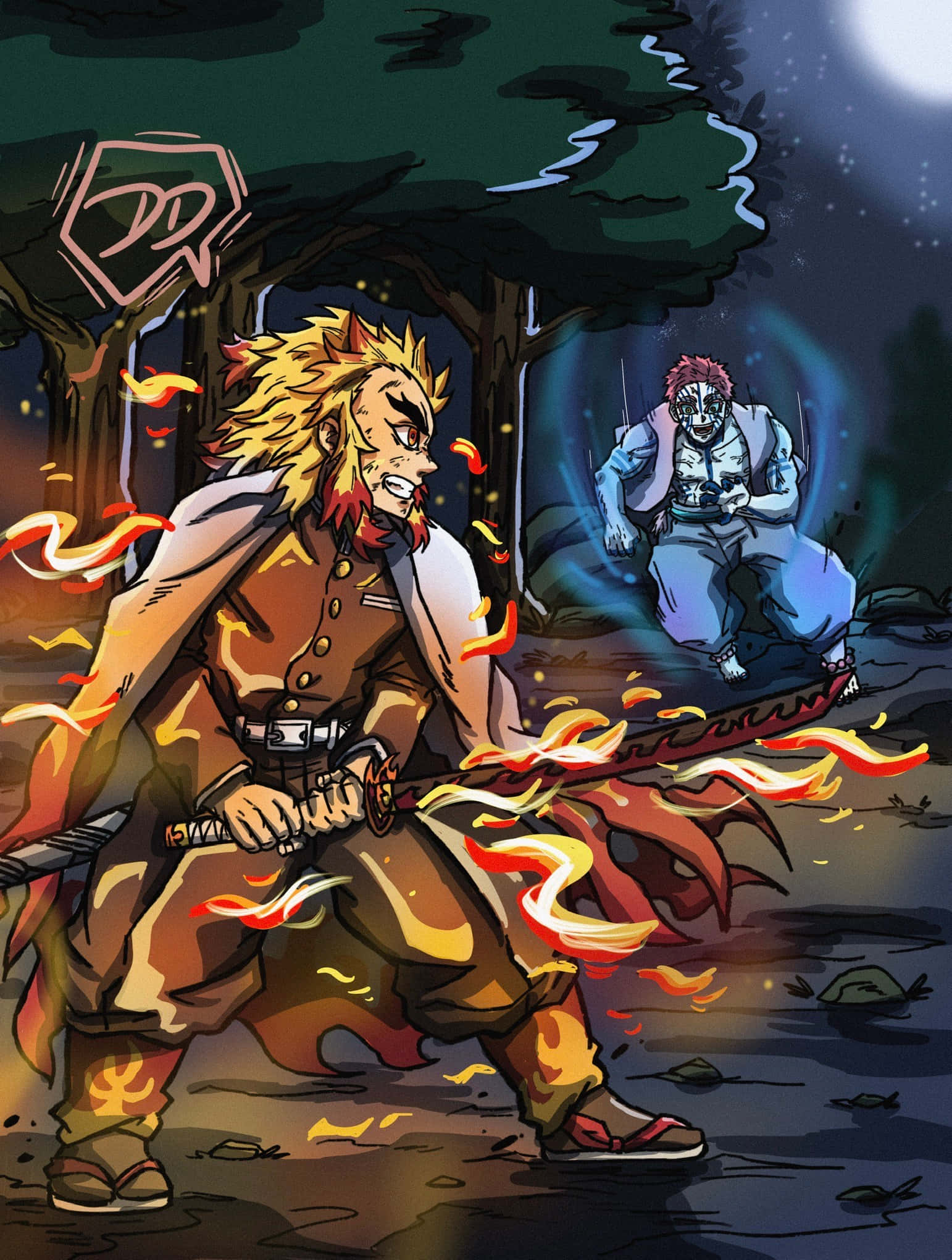 Rengoku Vs Akaza 桌布 壁紙 — 一位火紅頭髮的惡魔獵人手持火焰劍，在月光下的森林中衝鋒，身後有一個幽靈般的對手在發光。