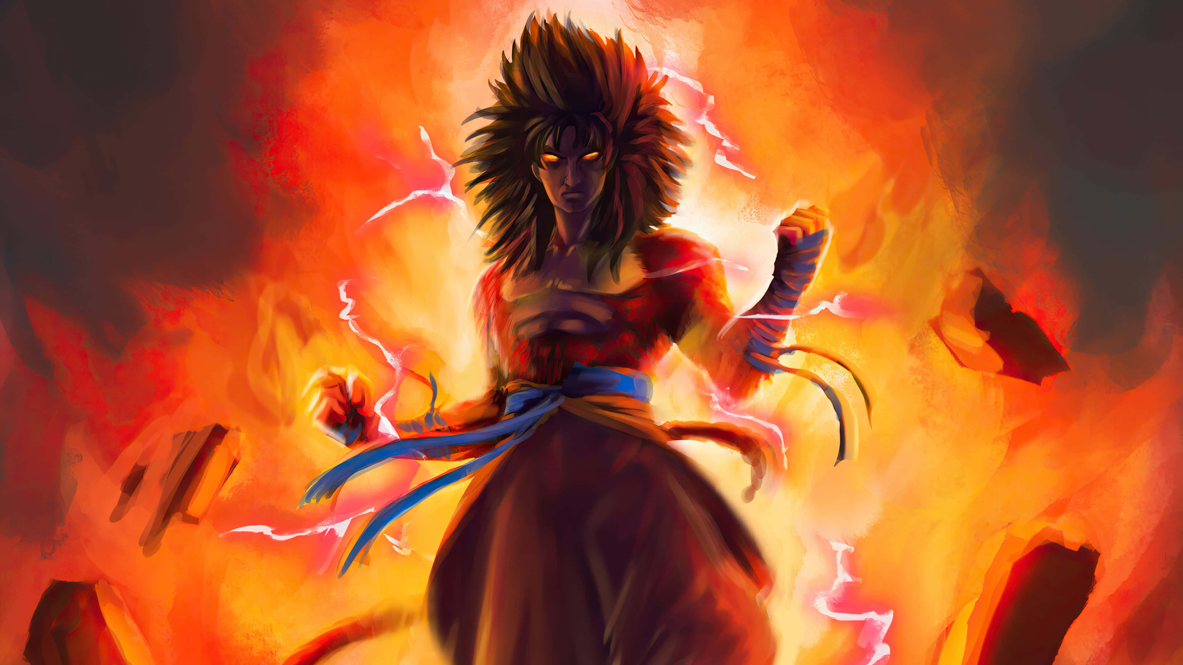 Goku Ssj4 桌布 壁紙 — 一位火紅頭髮的戰士在橙色和紅色能量的烈焰中引導閃電，呈現出動態的動漫戰鬥場景。