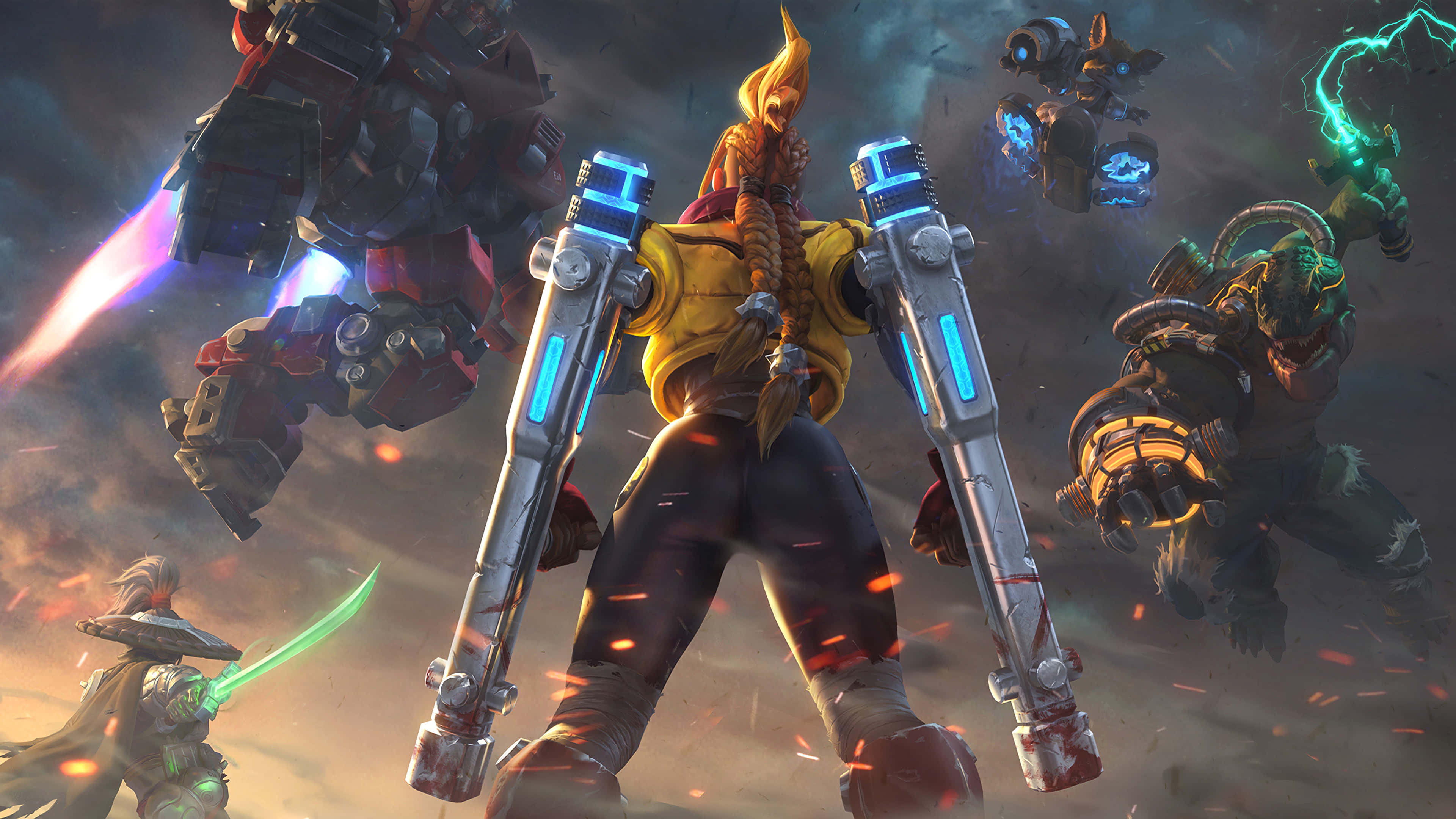 Moba Games 桌布 壁紙 — 一位火紅頭髮的戰士在煙霧瀰漫的戰場上，於與機器人和怪物敵人的混亂戰鬥中揮舞著發光的藍色大砲。