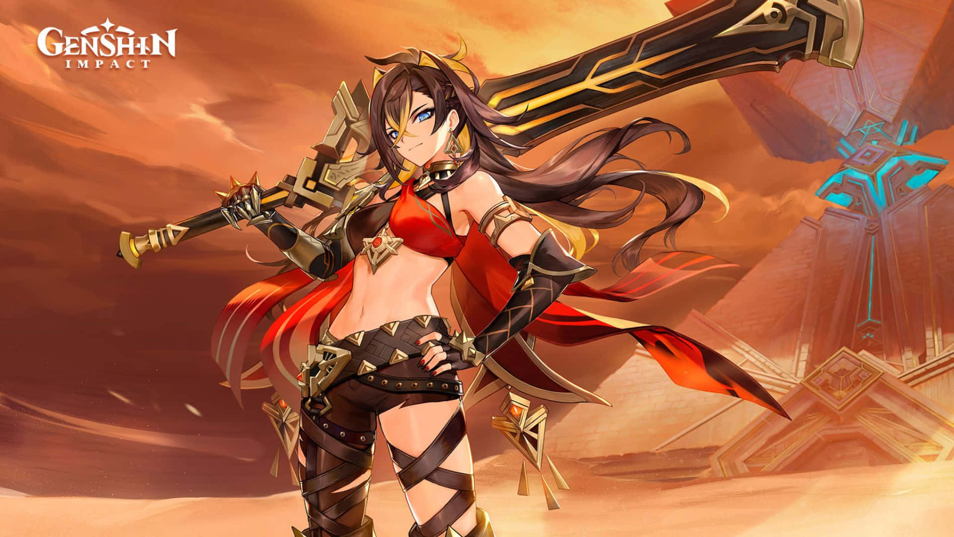 Genshin Impact Characters 桌布 壁紙 — 一位火紅頭髮的戰士身穿紅金盔甲，在沙漠背景下揮舞巨劍，背景有發光的藍色遺跡。