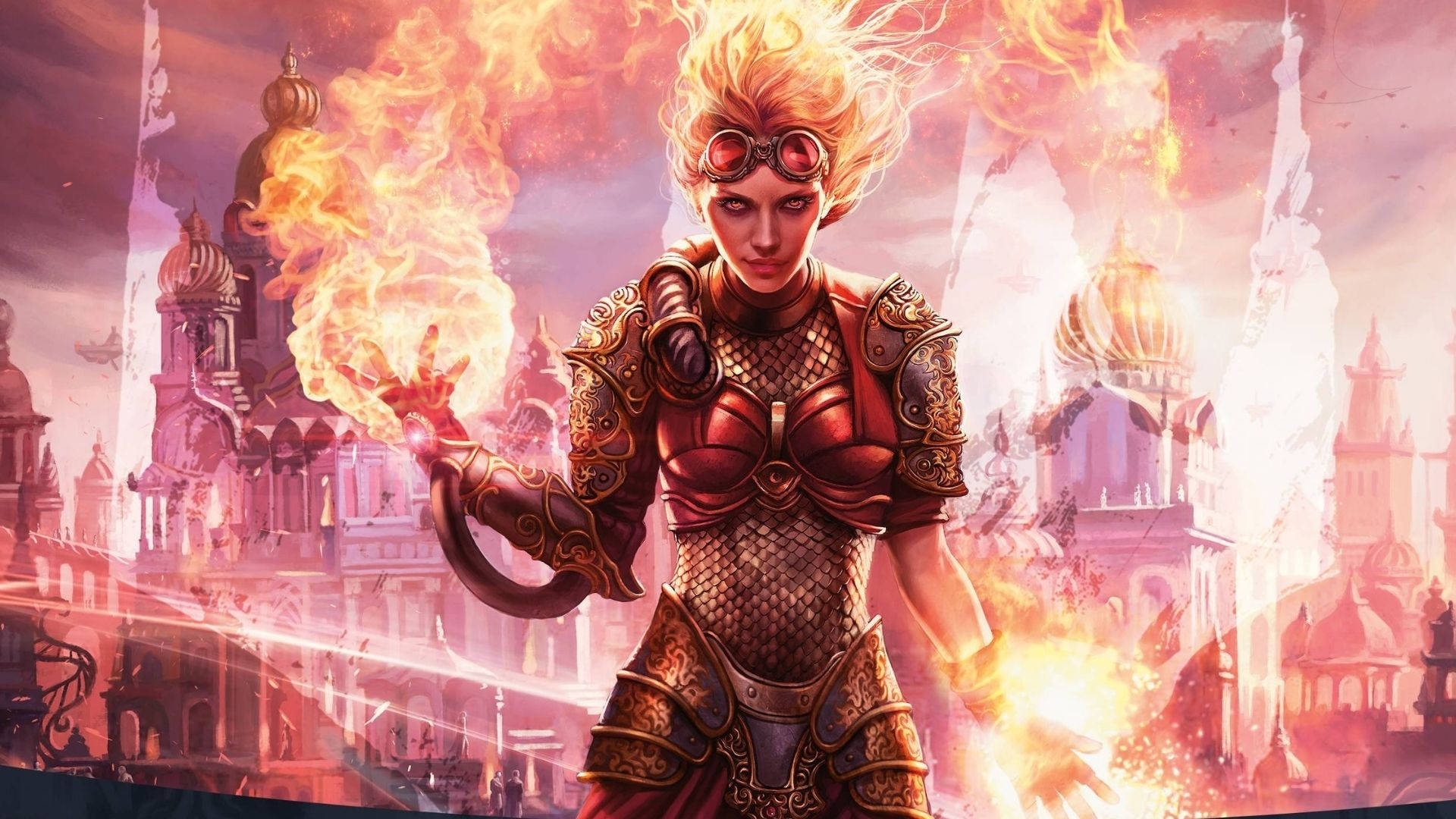 Fire Girl 桌布 壁紙 — 一位火紅頭髮的戰士身穿華麗盔甲，向著帶有圓頂塔樓的發光奇幻城市景觀釋放火焰。