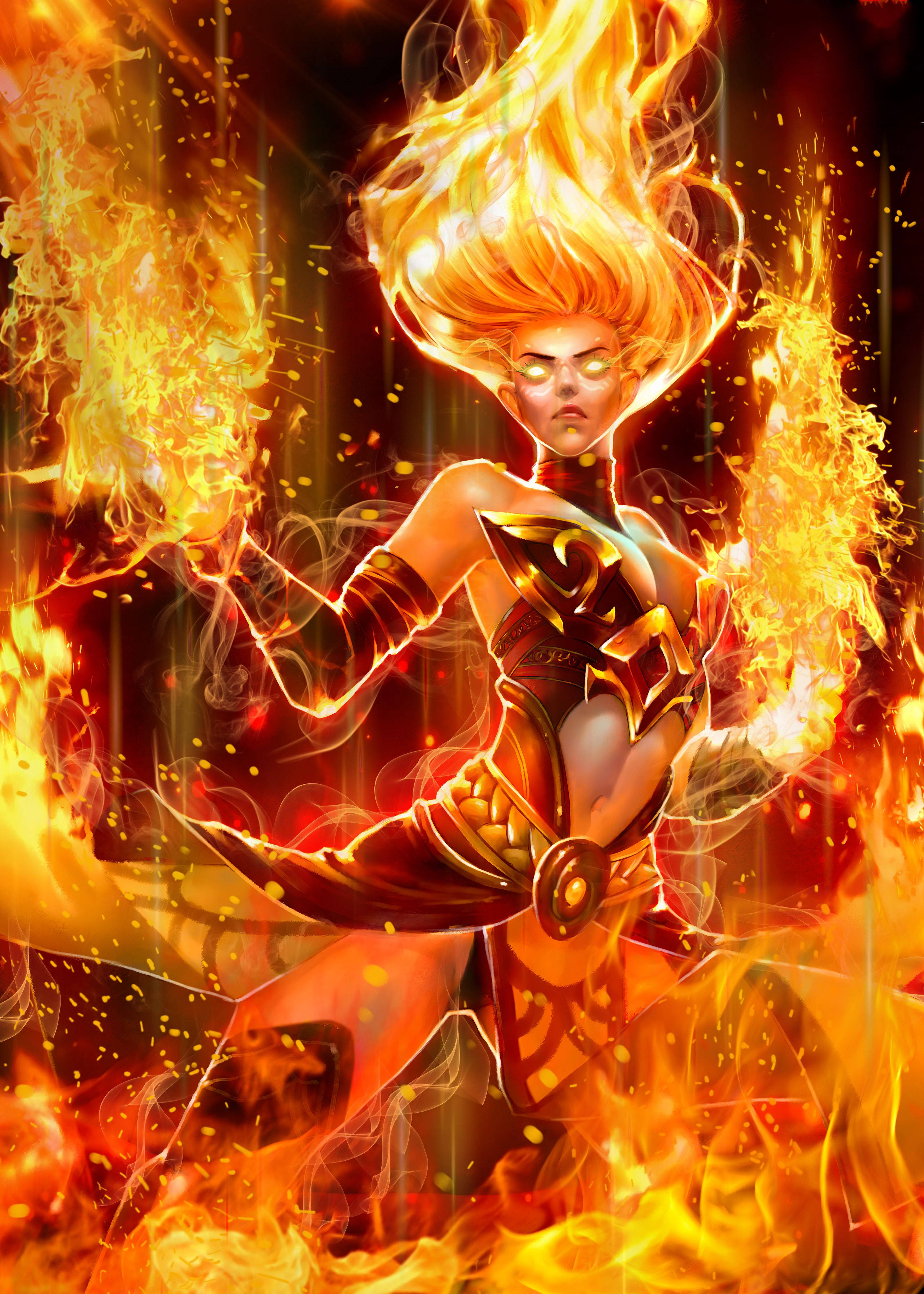 Dota 2 桌布 壁紙 — 一位火紅頭髮的戰士身穿華麗盔甲，在黑暗背景下專注地引導熾熱能量。