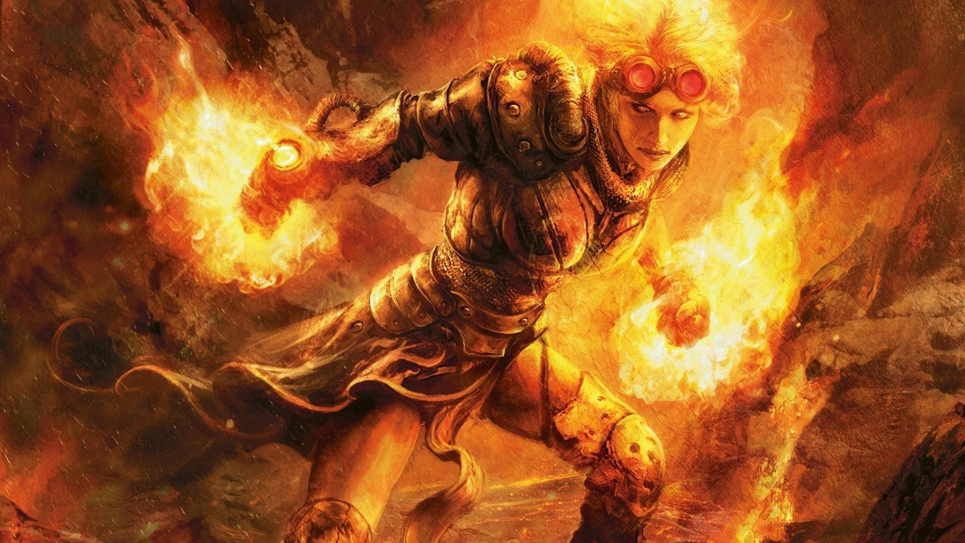 Fire Girl 桌布 壁紙 — 一位火紅頭髮的戰士身穿華麗盔甲，在火山景觀中引導熾熱魔法。