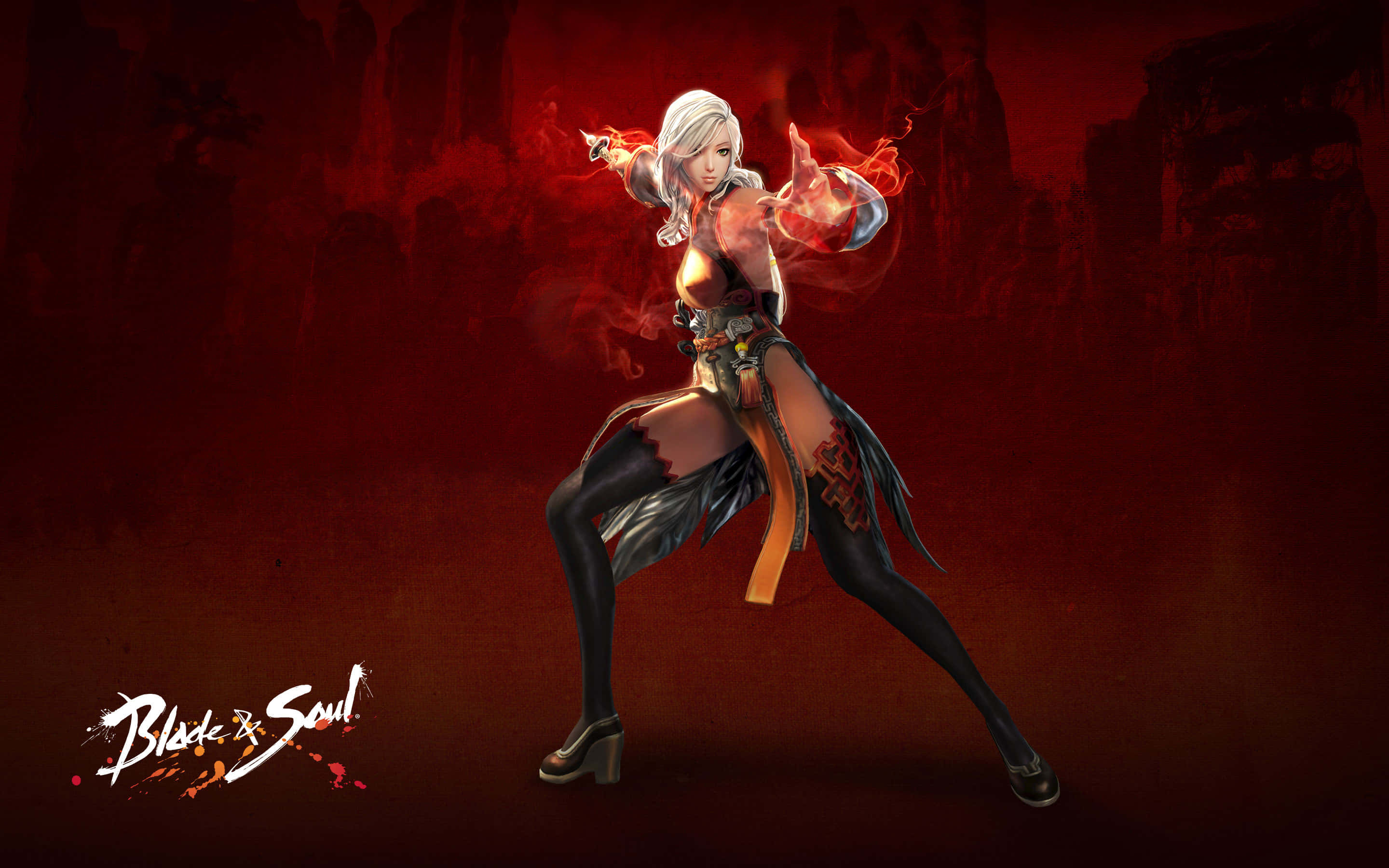 blade and soul 桌布 壁紙 — 一位火紅頭髮的戰士身穿華麗盔甲，在暗紅色的戰場上引導發光的紅色能量。