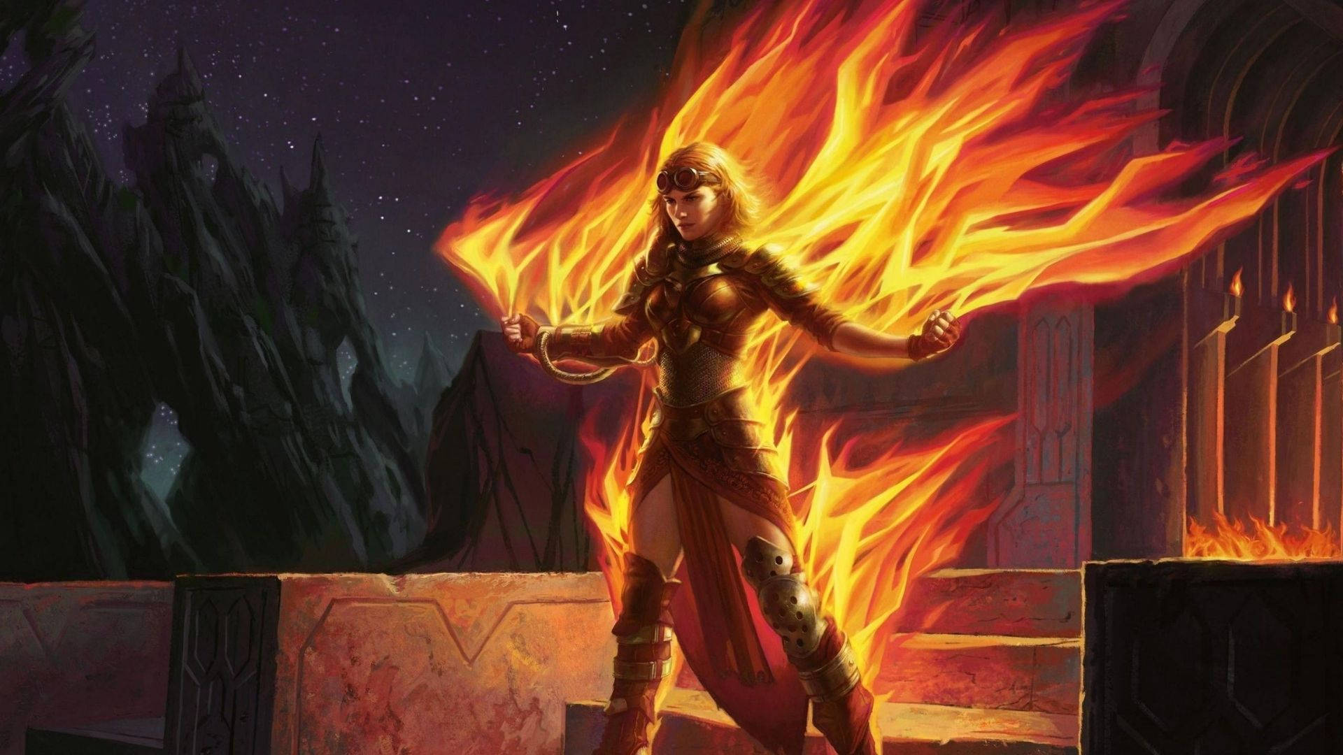 Fire Girl 桌布 壁紙 — 一位火紅頭髮的戰士身穿金色盔甲，站在石階上，揮舞著熾熱的火焰，背景是繁星點點的夜空和崎嶇的山脈。