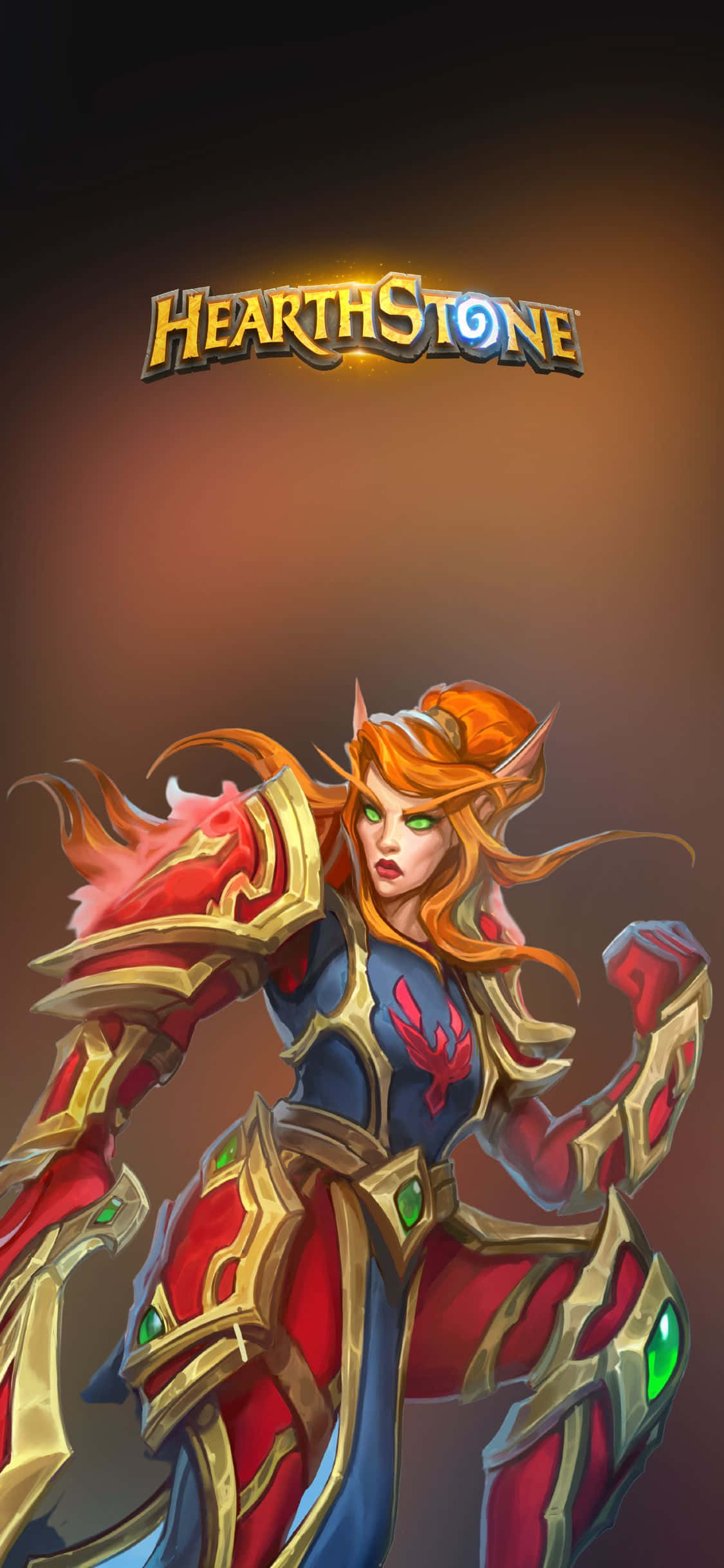 iPhone Xs Hearthstone 桌布 壁紙 — 一位火紅頭髮的精靈戰士，身穿華麗的紅金藍色盔甲，在發光的 Hearthstone 標誌下蓄勢待發。