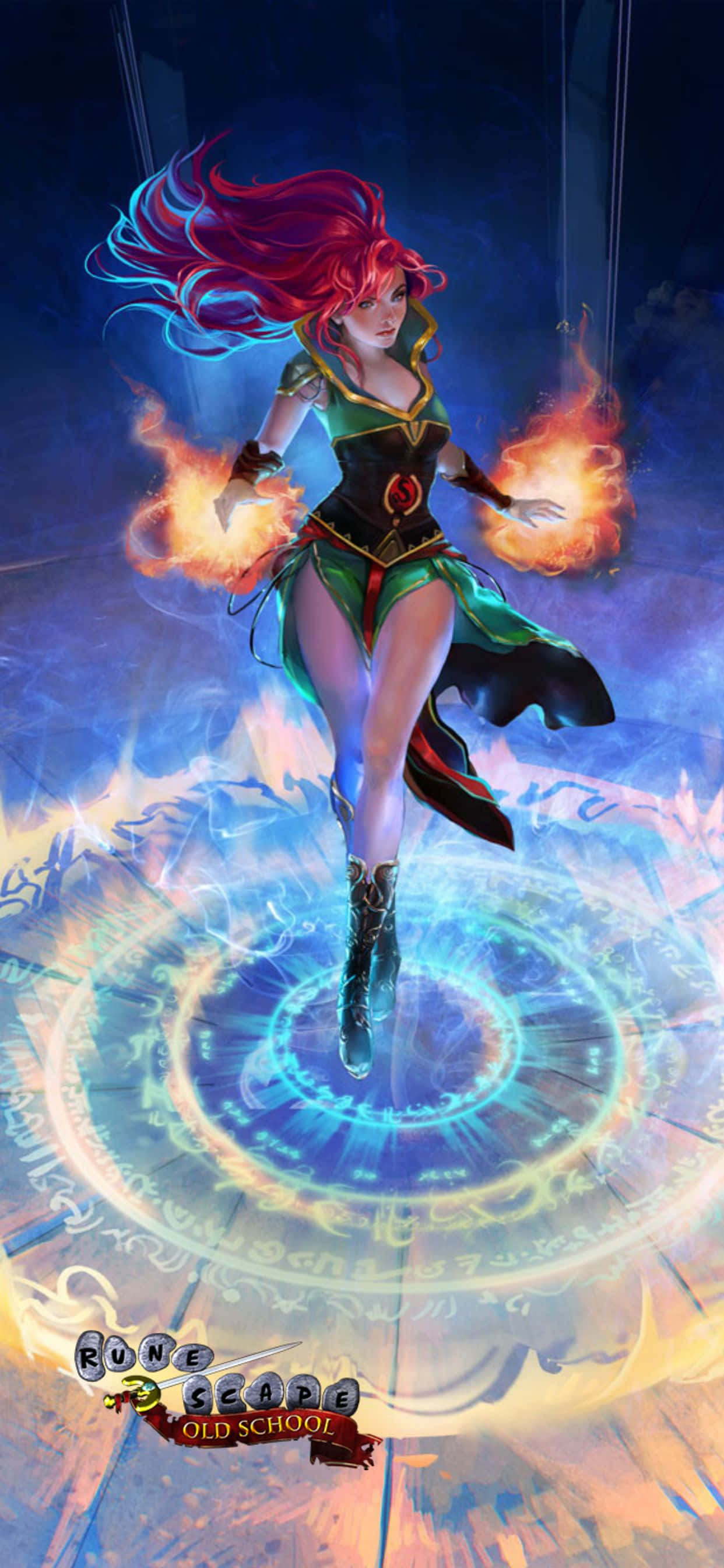 character 桌布 壁紙 — 一位火紅頭髮的魔法師，身穿綠色和黑色長袍，漂浮在發光的藍色符文圈上方，雙手揮舞著火焰，背景是黑暗神秘的。