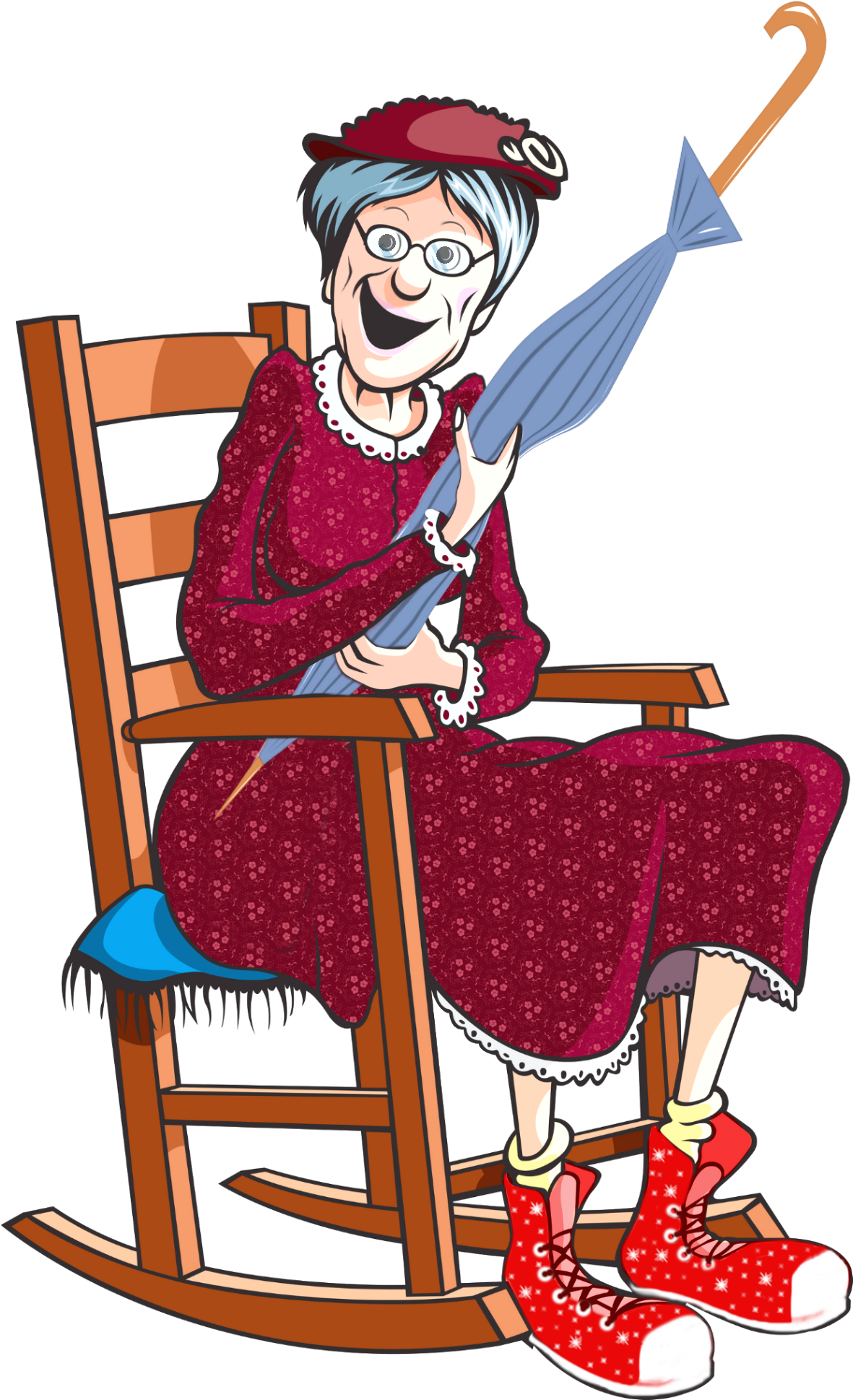 Granny 桌布 壁紙 — 一位灰白頭髮、戴眼鏡的老婦人坐在木搖椅上，拿著一把閉合的藍色雨傘，開心地笑著。