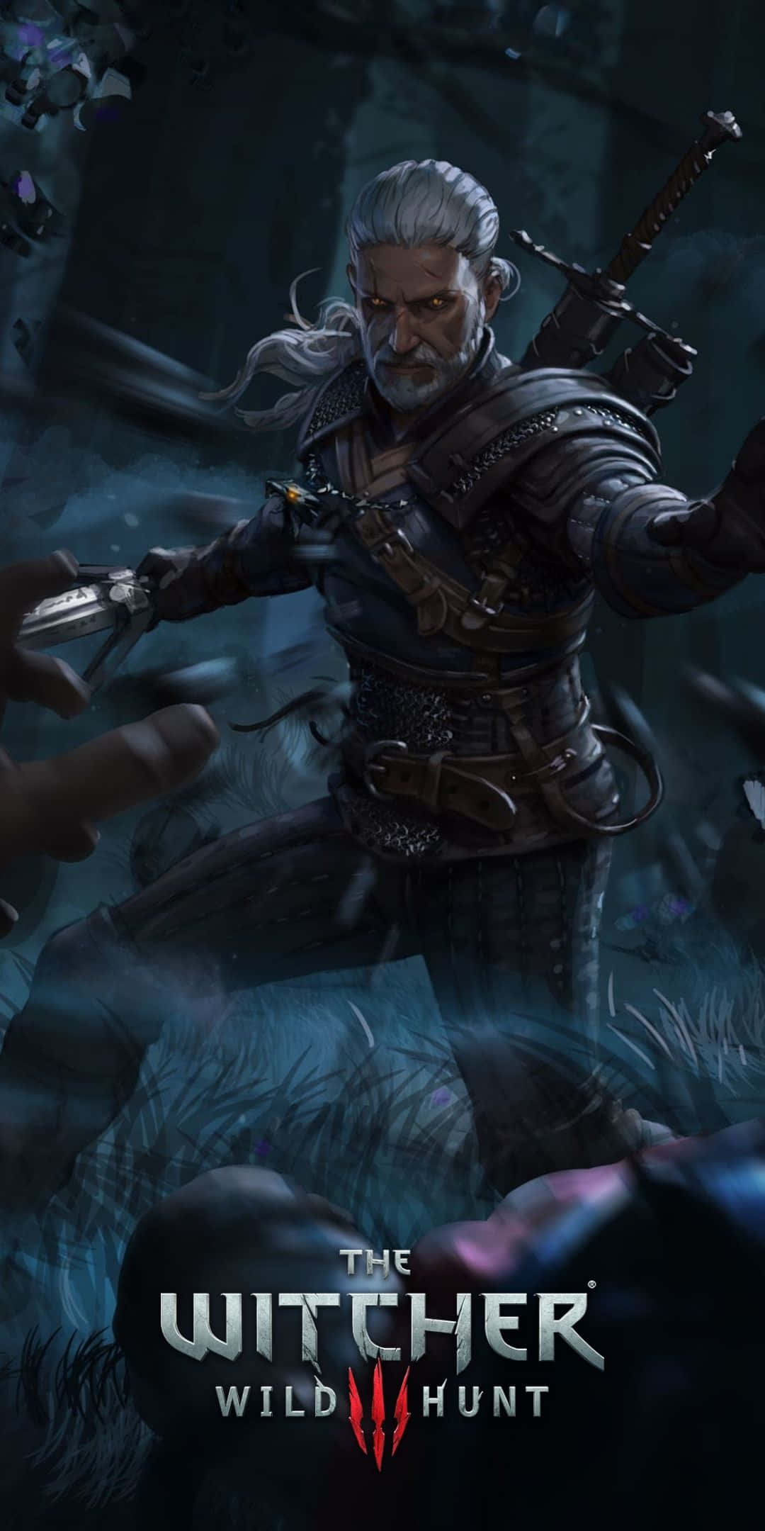 Pixel 3 The Witcher 3 桌布 壁紙 — 一位灰白頭髮、銀色頭髮、手持劍的獵魔士，在黑暗迷霧森林中，被怪物包圍，依然堅定地站立。