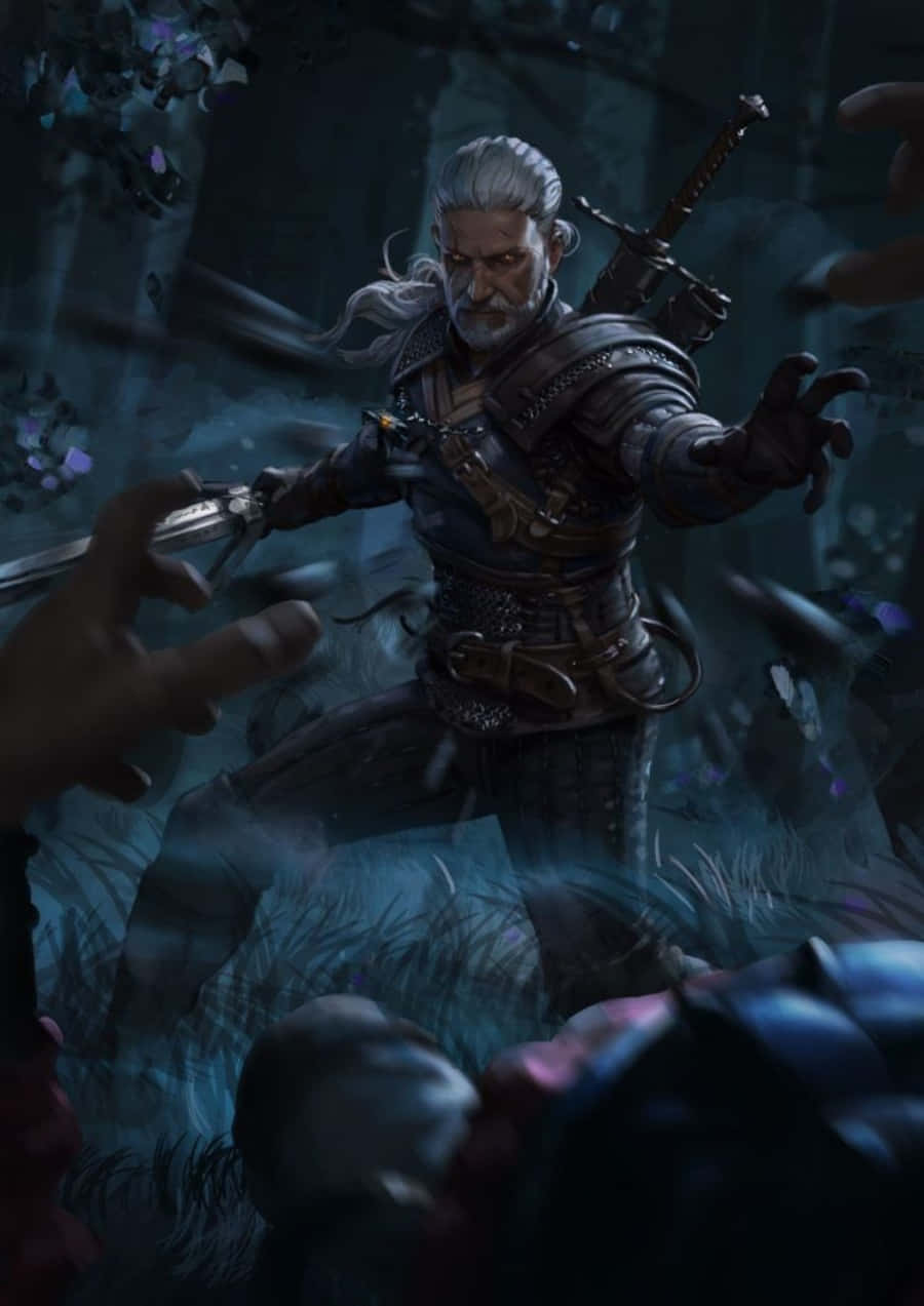 sword 桌布 壁紙 — 一位灰白頭髮的戰士身穿暗色盔甲，在迷霧森林中挑釁地站立，被伸向他的幽靈般的手包圍。