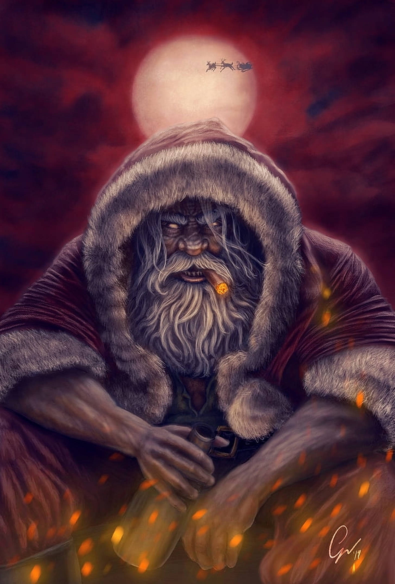 evil 桌布 壁紙 — 一位灰白鬍鬚的聖誕老人叼著煙斗，坐在火紅的天空下，他的雪橇在頭頂飛過。