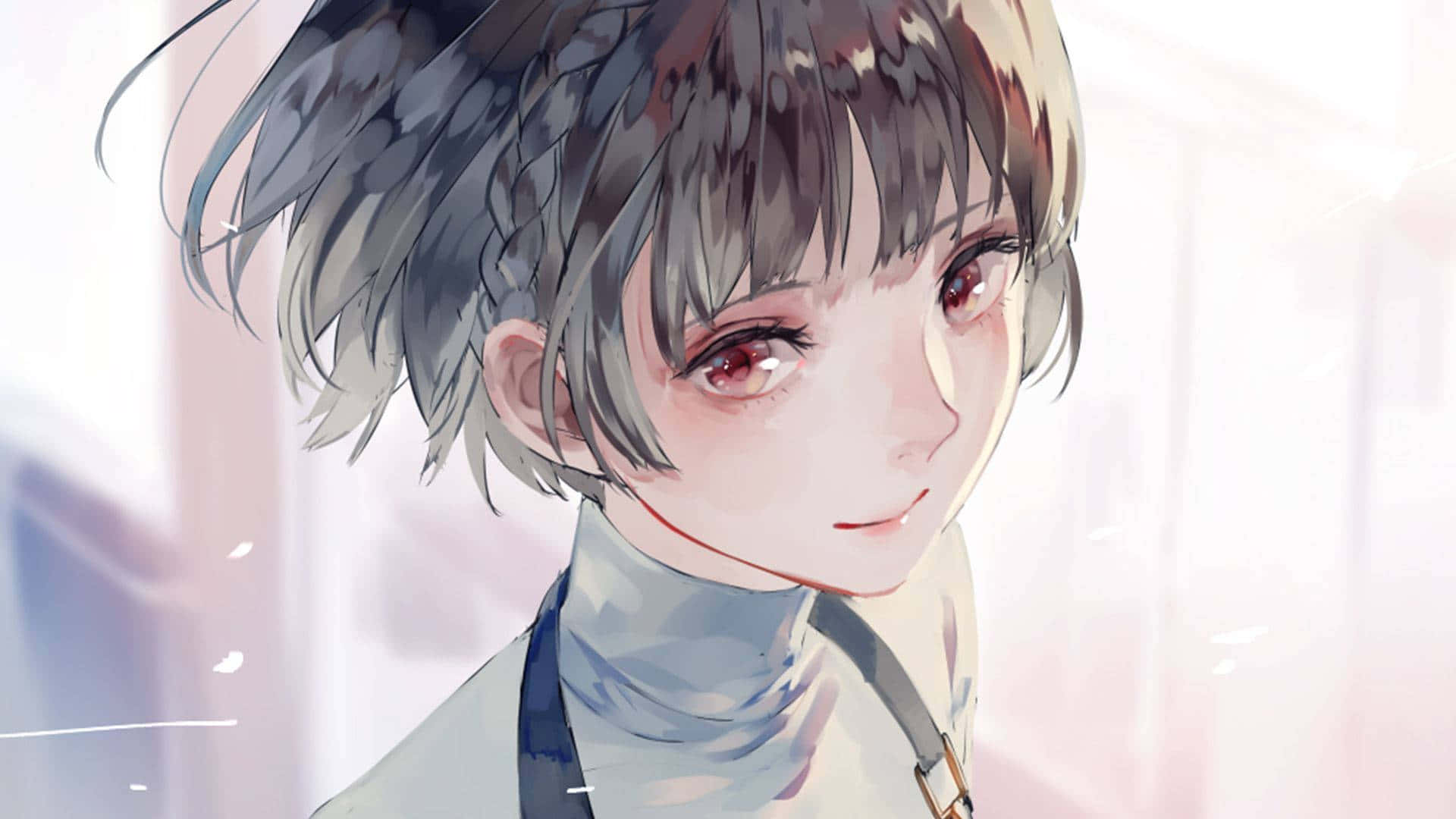 Cute Anime Girl 桌布 壁紙 — 一位灰色頭髮、紅色眼睛的柔和動漫女孩，在模糊的粉彩背景前溫柔微笑。